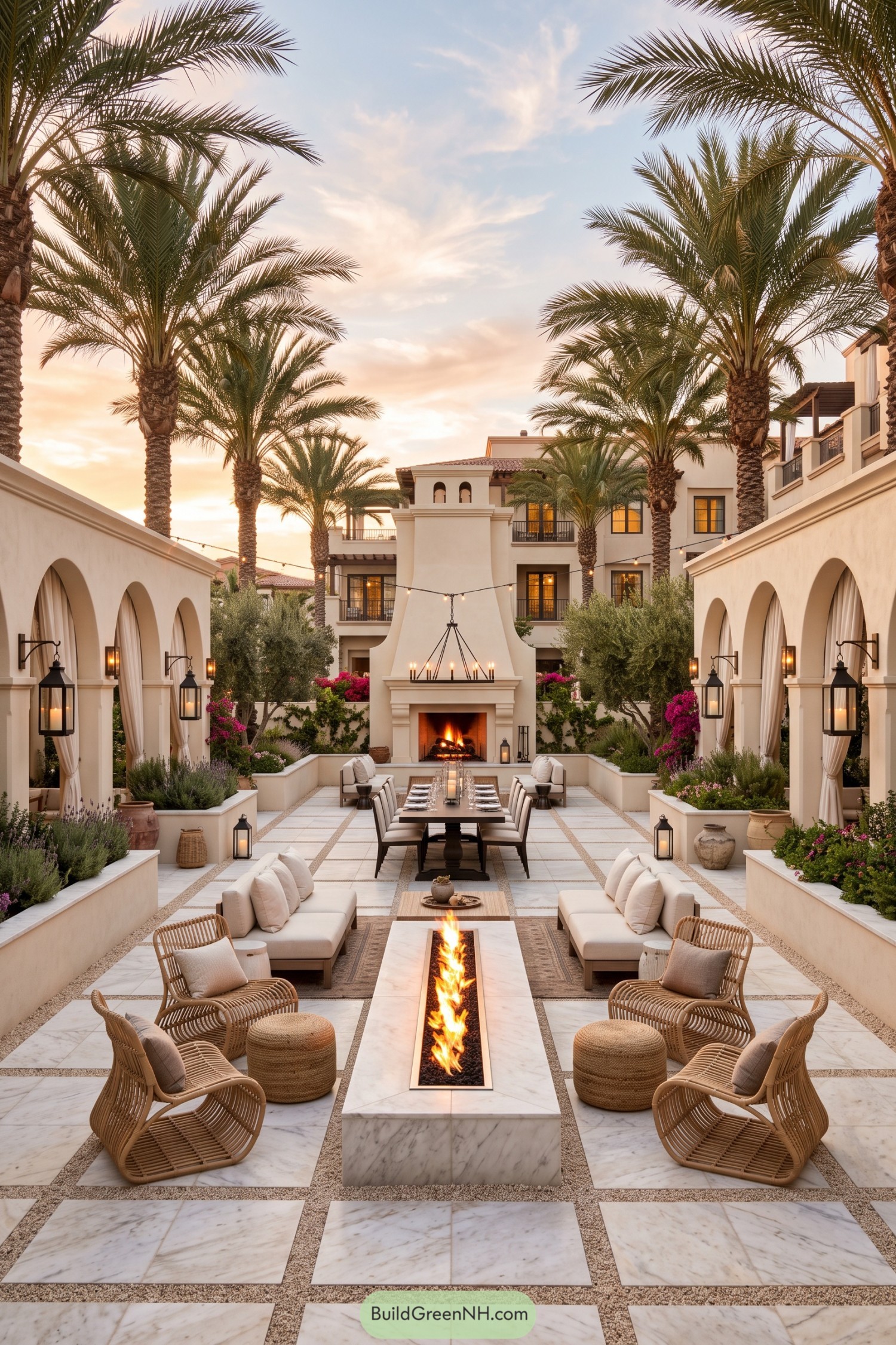 Mediterranean courtyard patio with fire features and dining