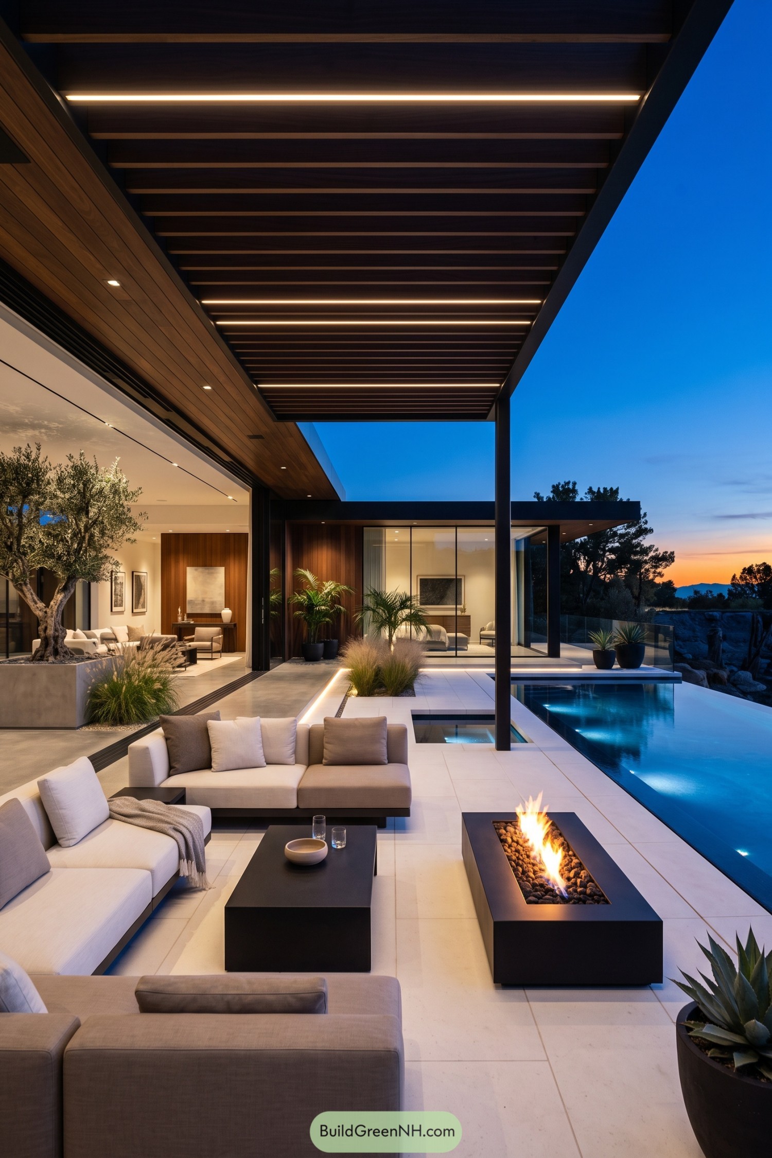 Modern covered patio with fire table beside a glowing pool