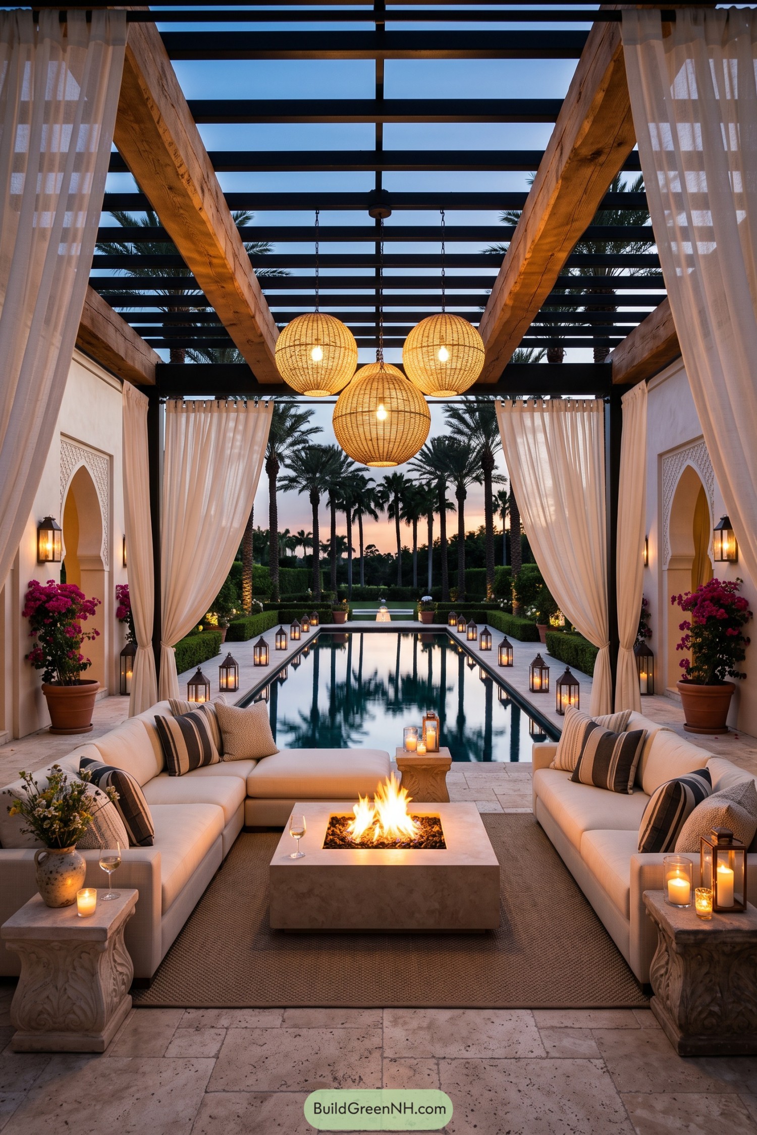 Curtained pergola lounge with fire table beside a palm-lined pool