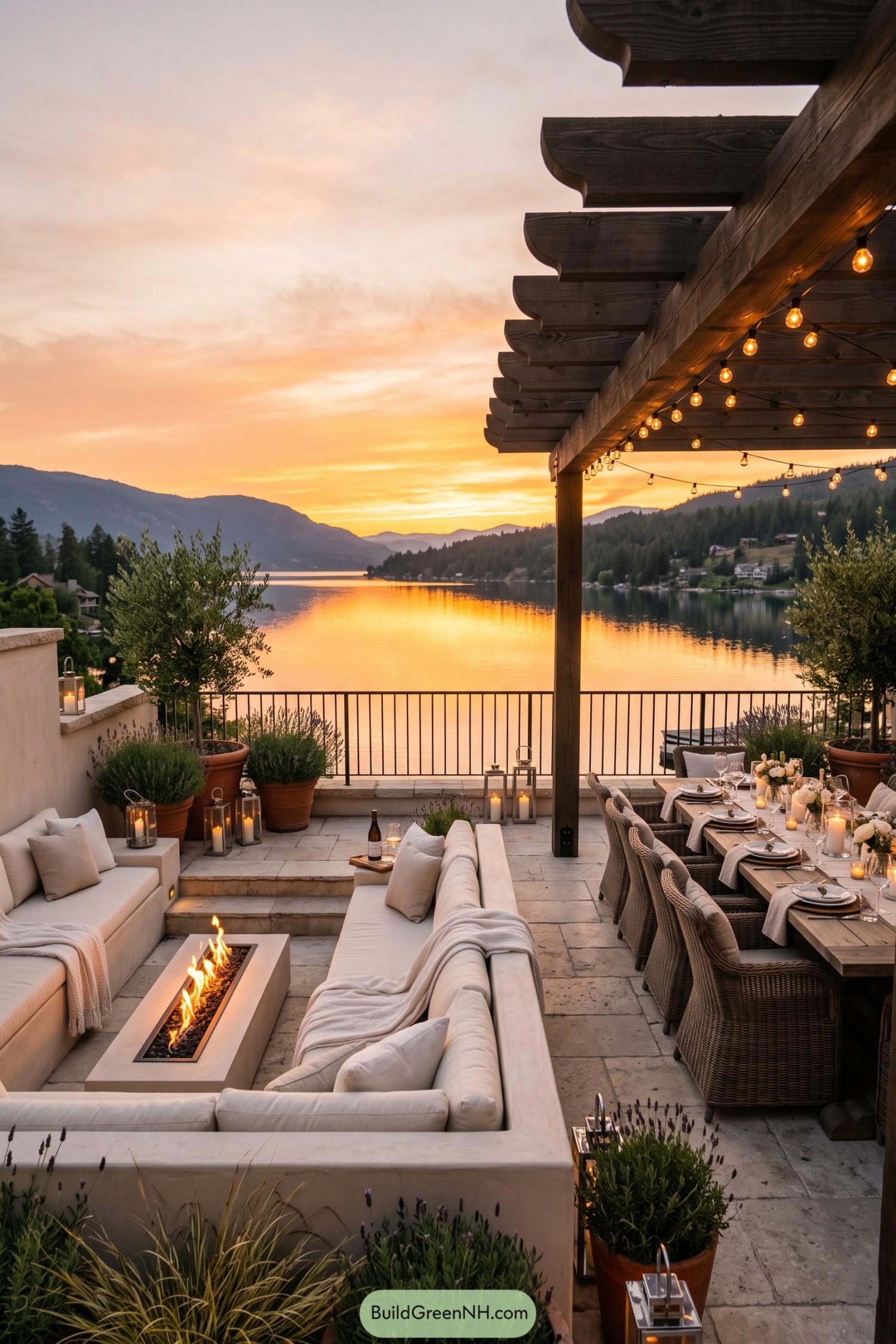Lakeside patio with pergola dining and fire table at sunset