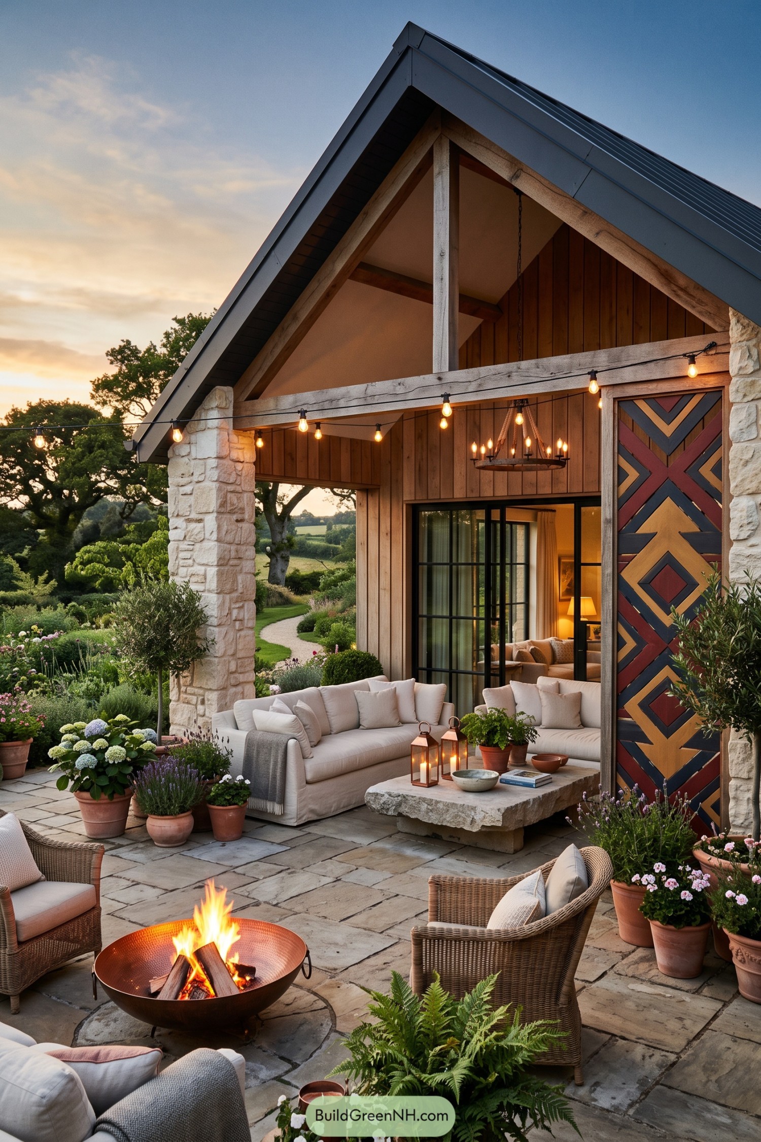 Stone patio with fire bowl beneath a timber gable