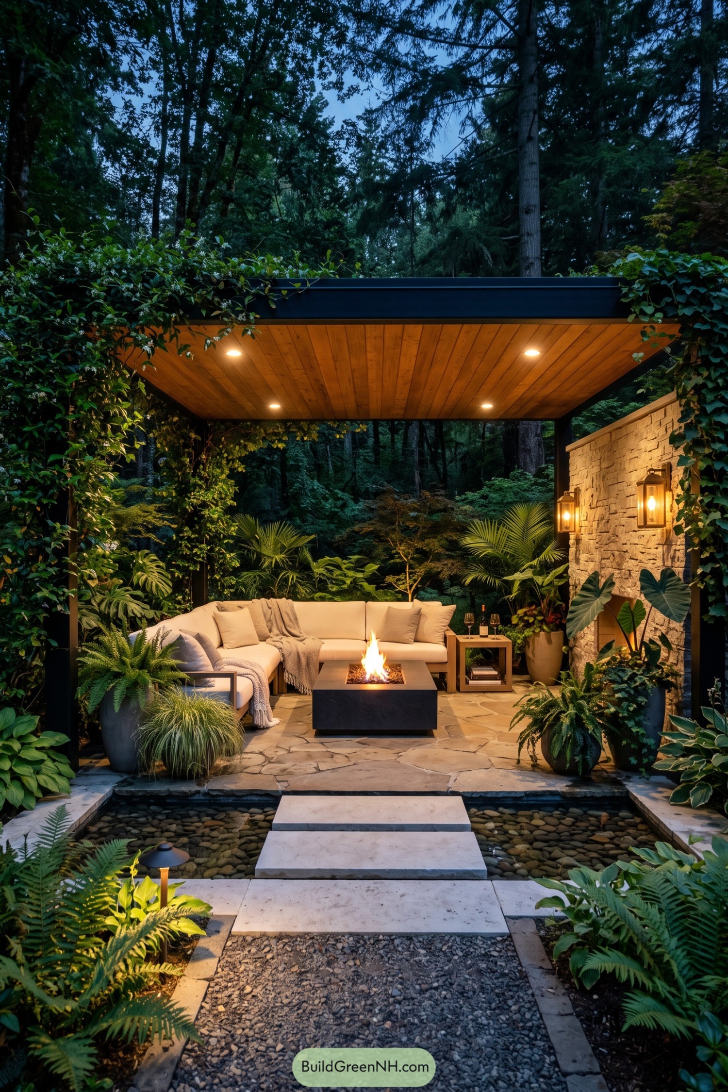 Covered forest patio with fire table and stone wall