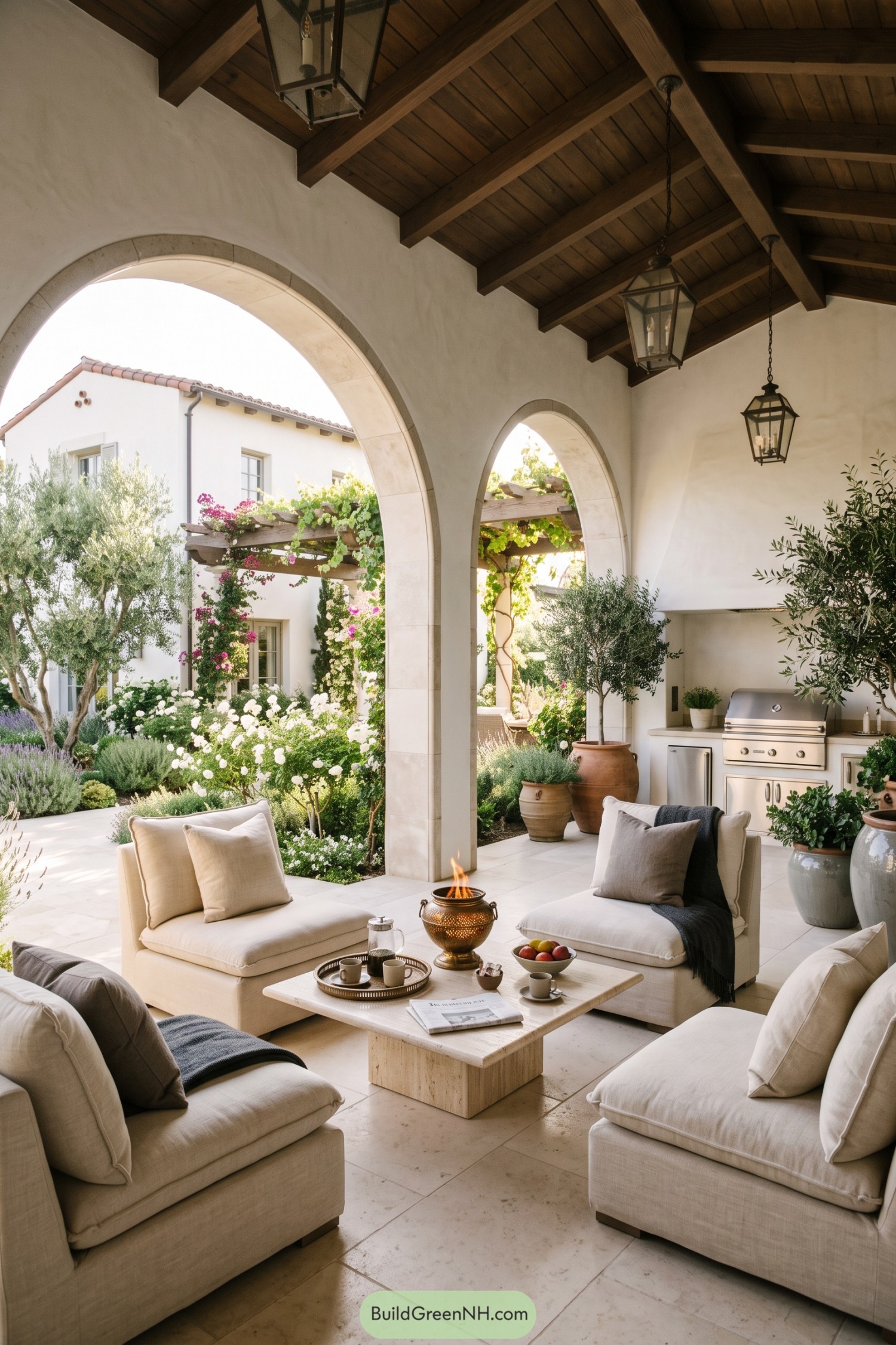 Arched patio lounge with olive trees and outdoor kitchen