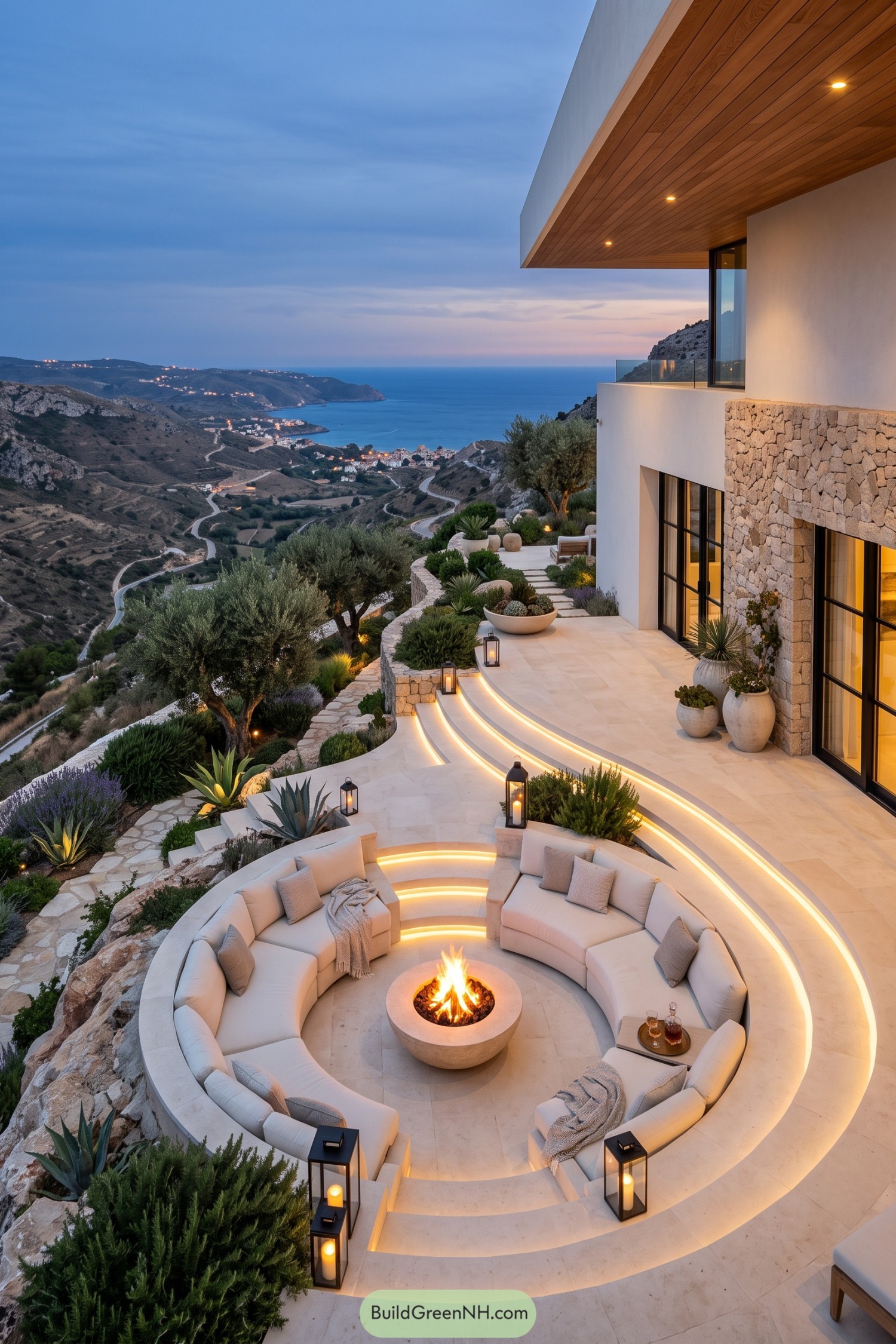 Curved patio with fire pit overlooking the sea