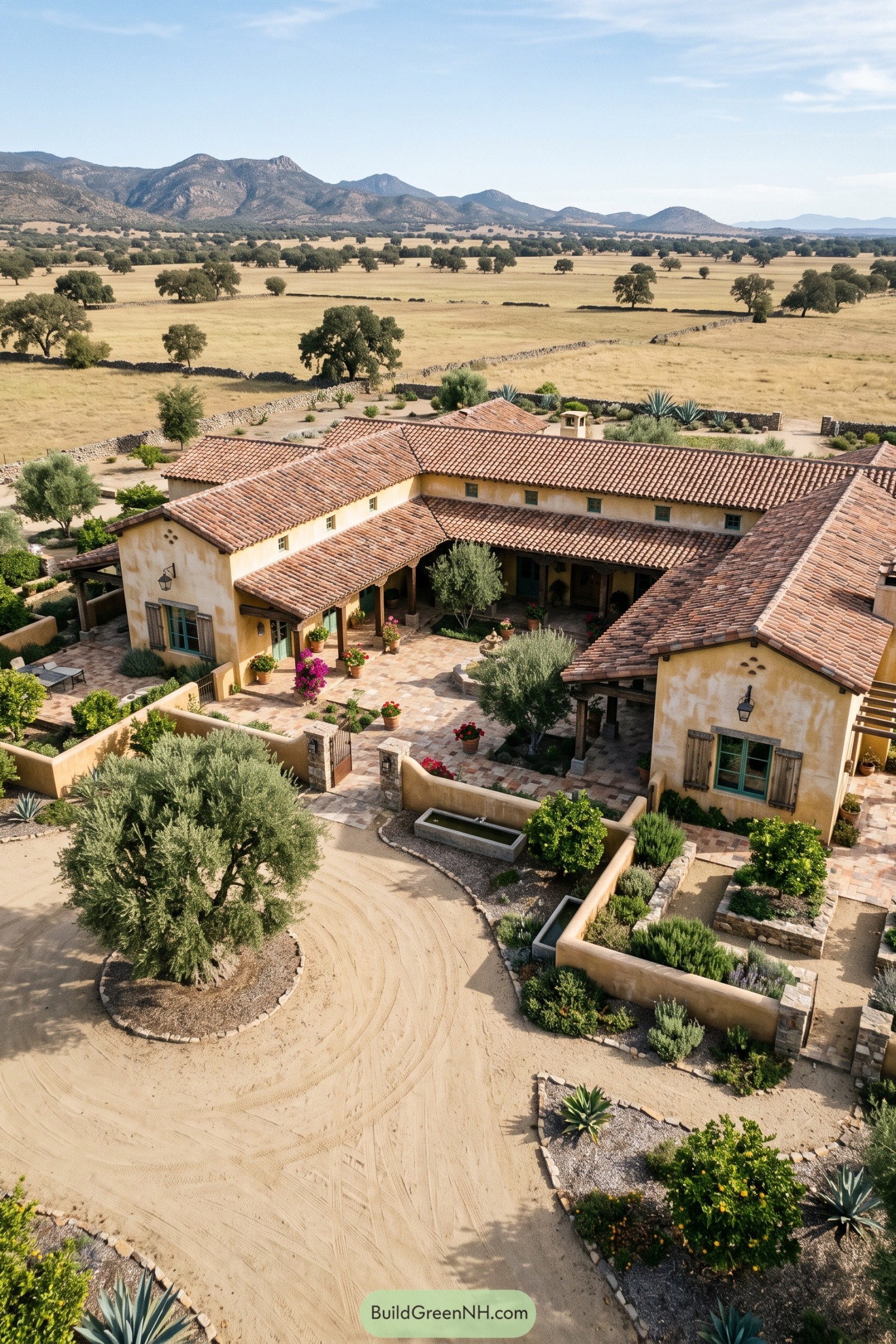 Aerial view of tiled stucco ranch house with mountain views