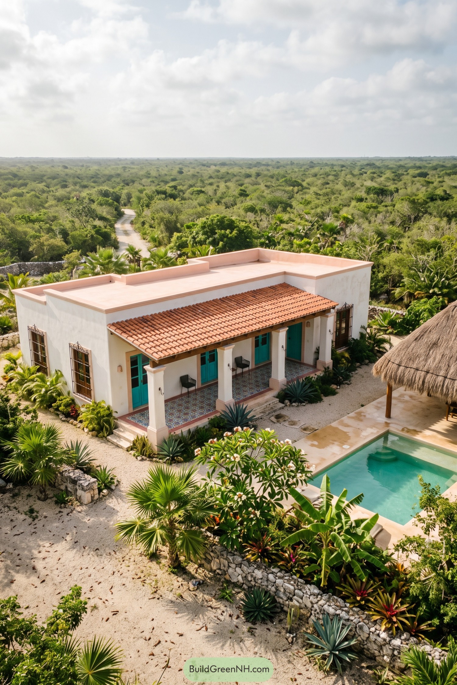 White stucco ranch house with turquoise doors and pool