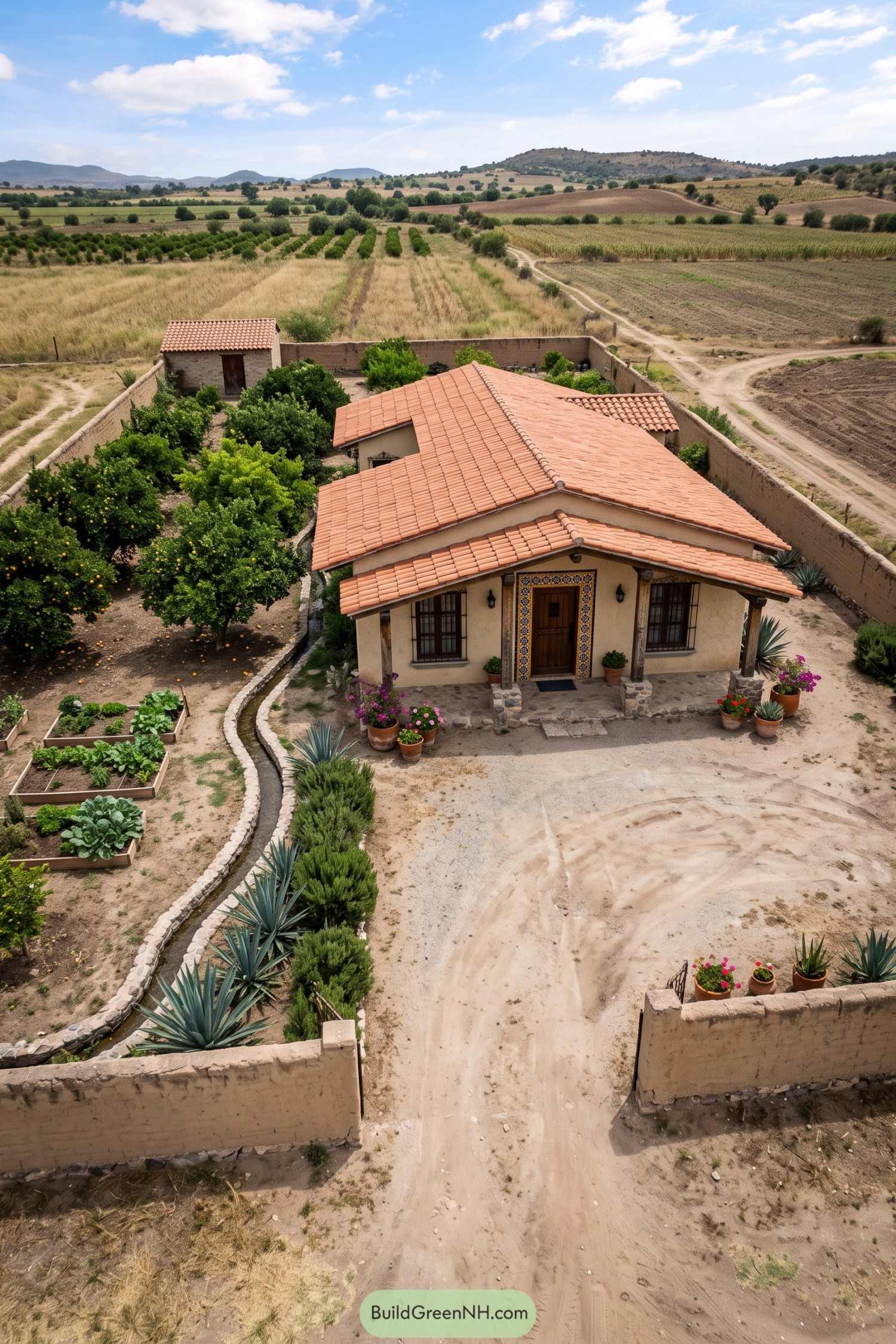Terracotta-roof ranch home with citrus garden and walled grounds