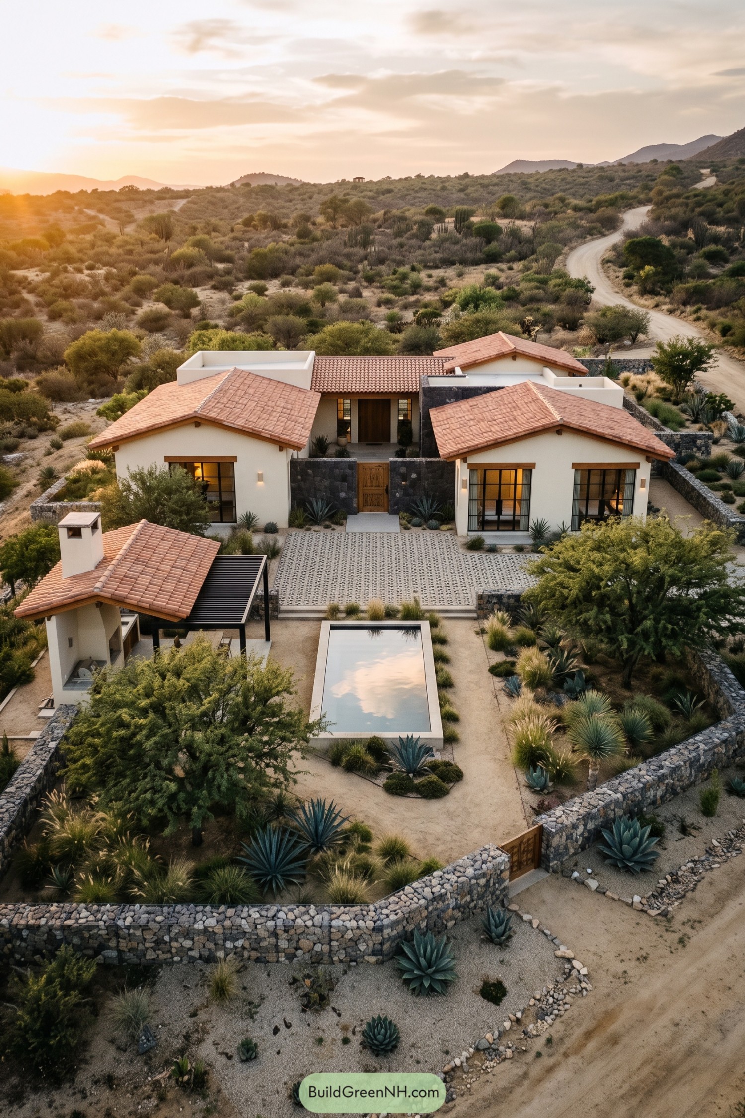 Aerial view of a tiled ranch home with pool