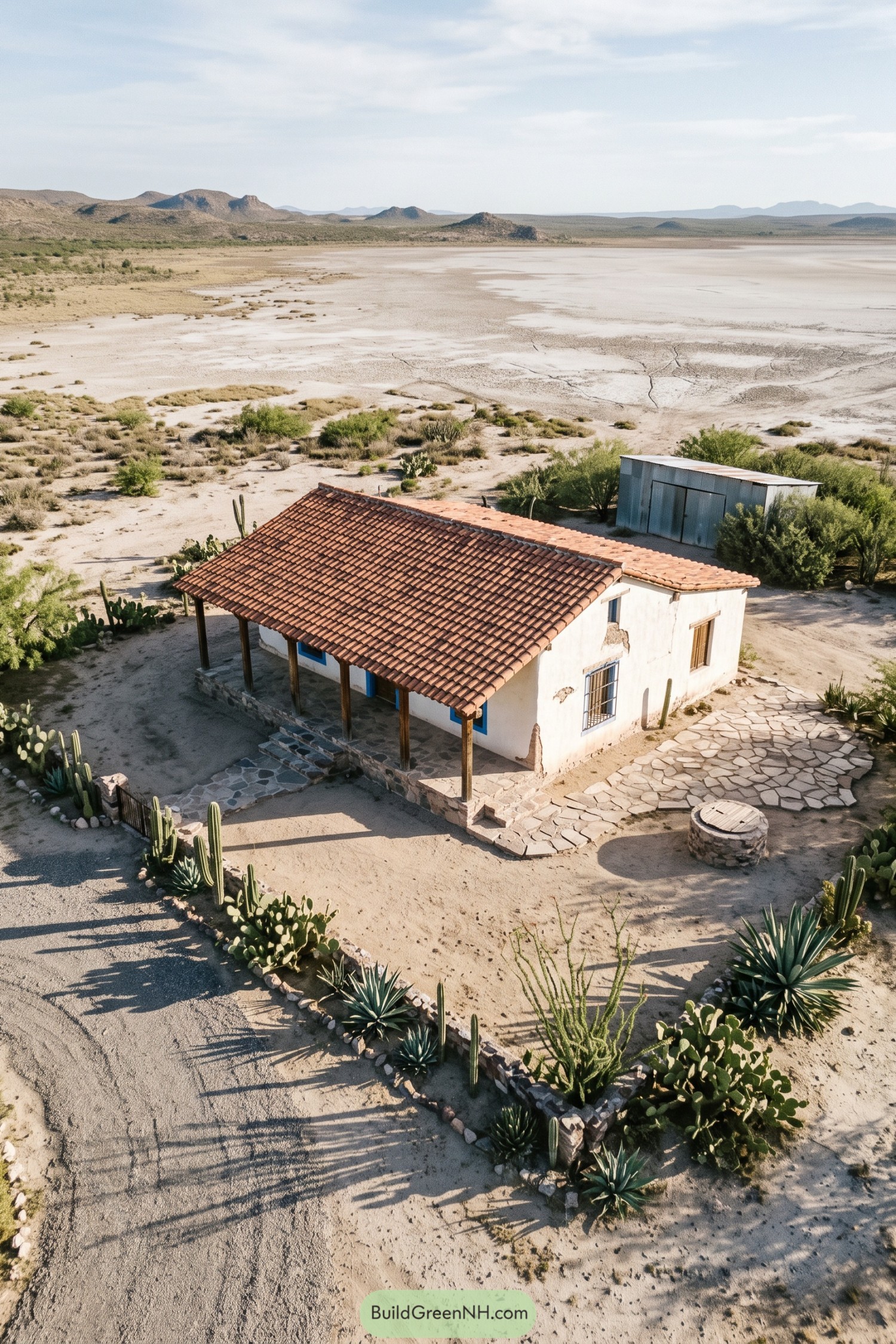 White adobe ranch house with tiled porch beside salt flats
