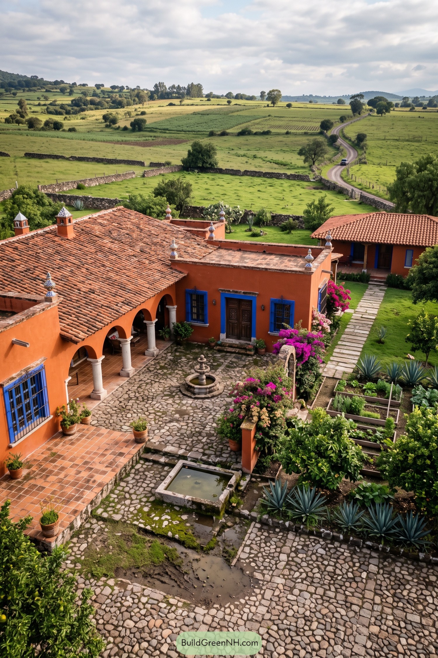 Orange stucco ranch house with blue trim and garden courtyard