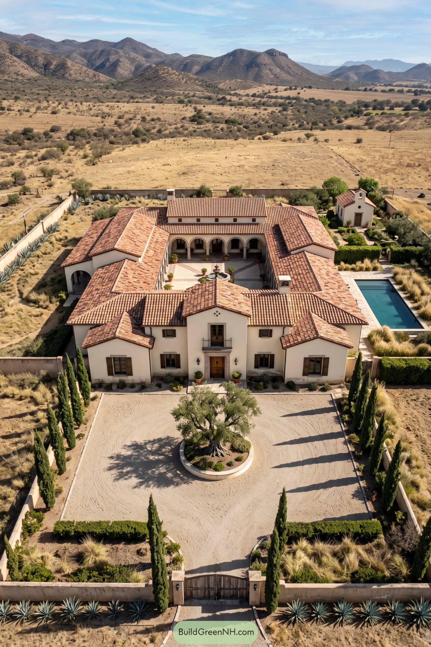 Walled ranch estate with tiled roofs courtyard pool and mountain views