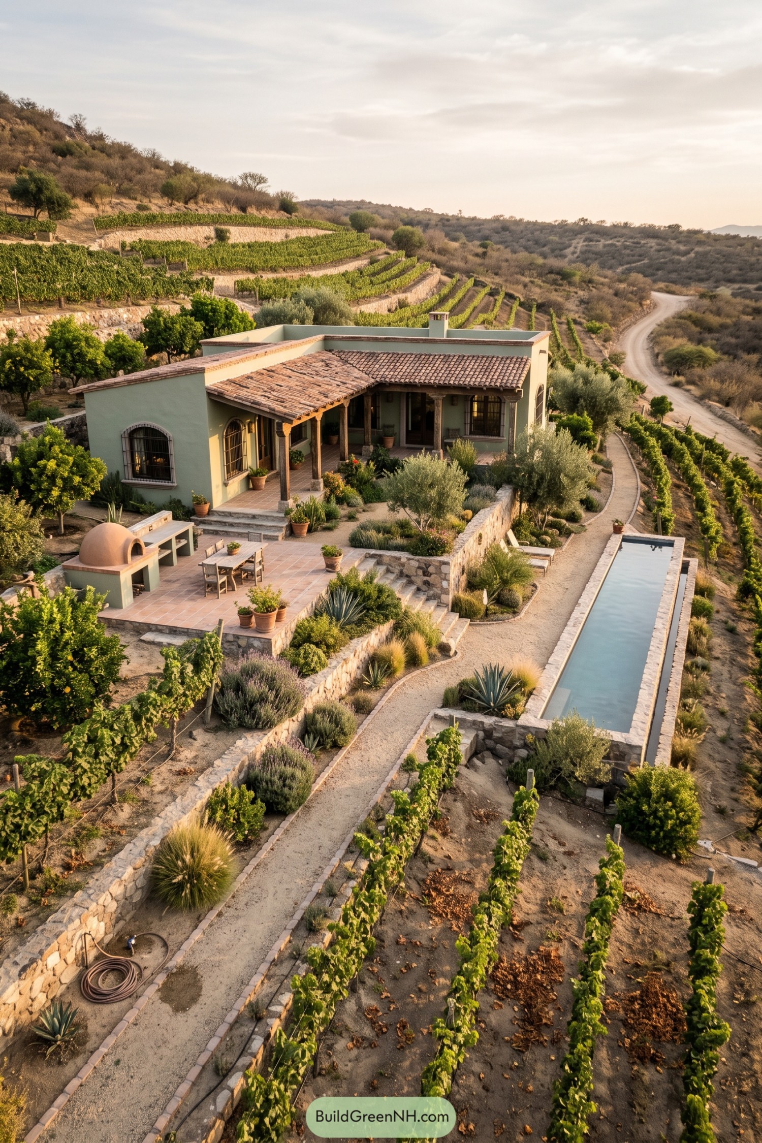 Terracotta ranch house with vineyard rows and lap pool