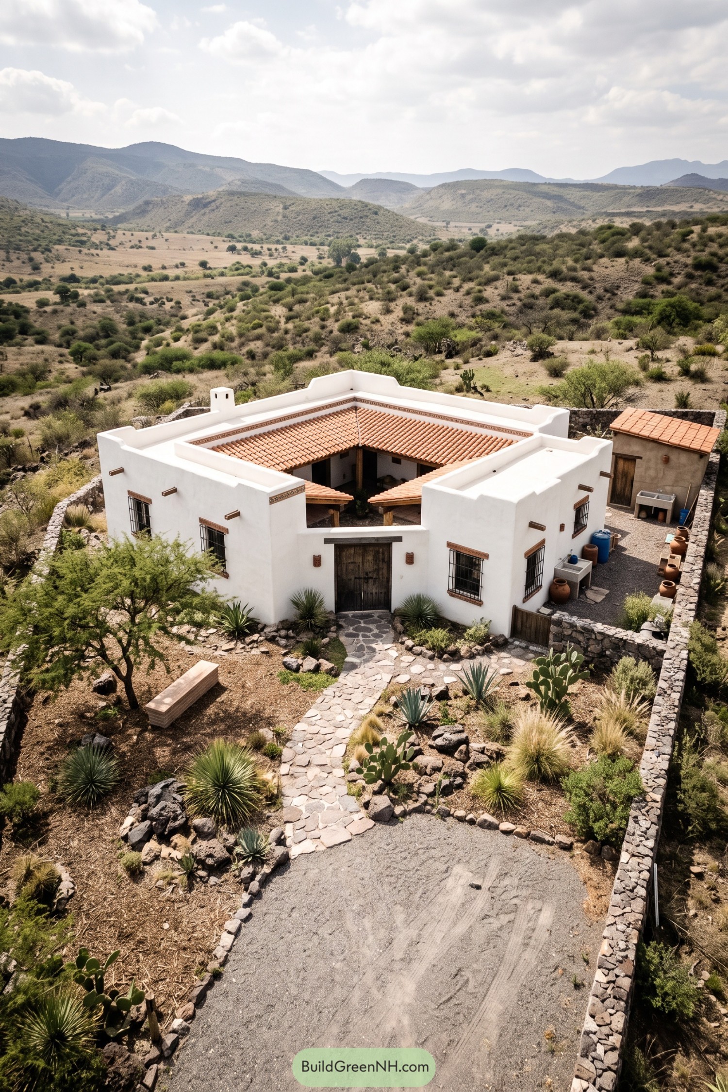 White stucco ranch house with terracotta roof in arid hills