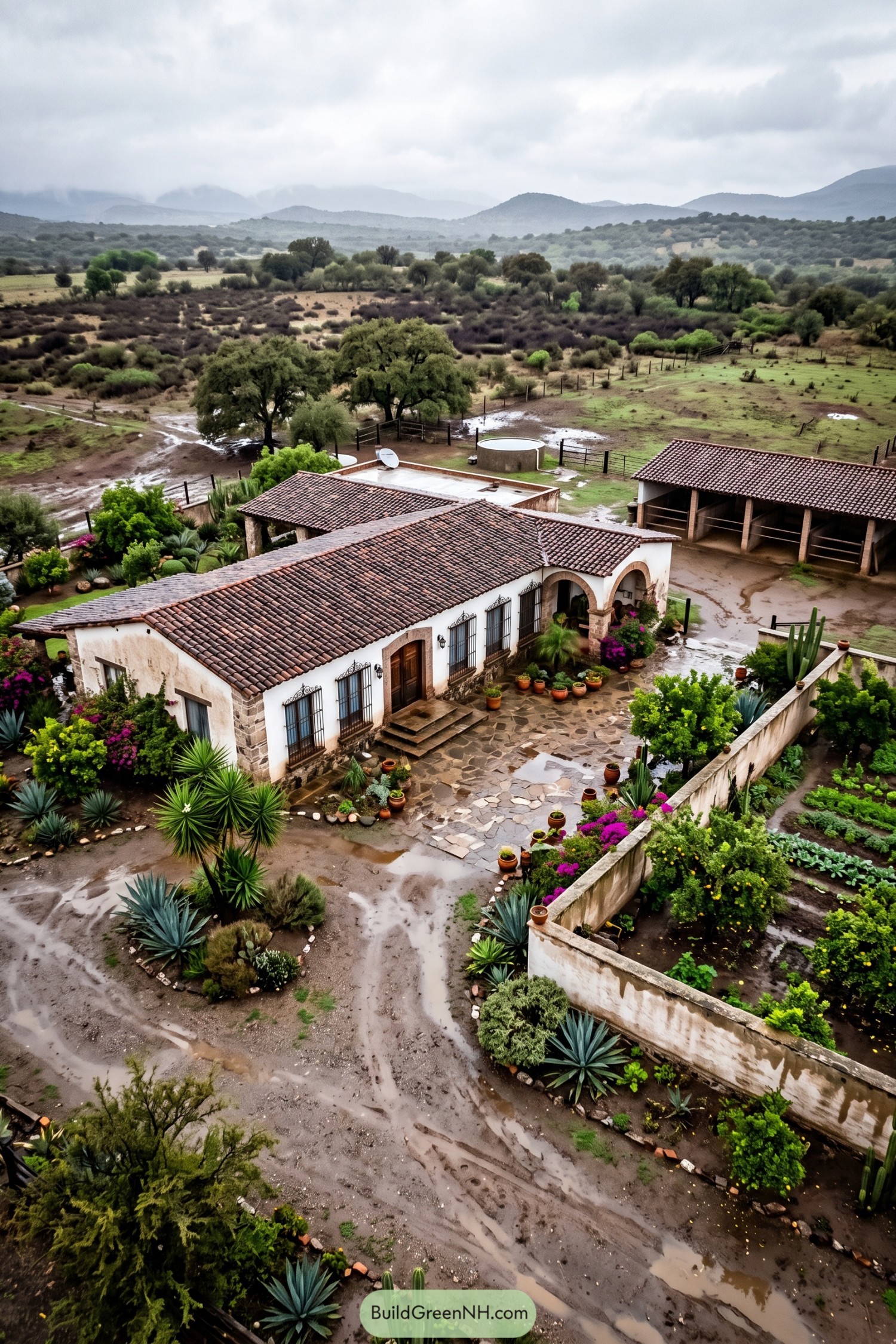 White stucco ranch house with tiled roofs and garden courtyard