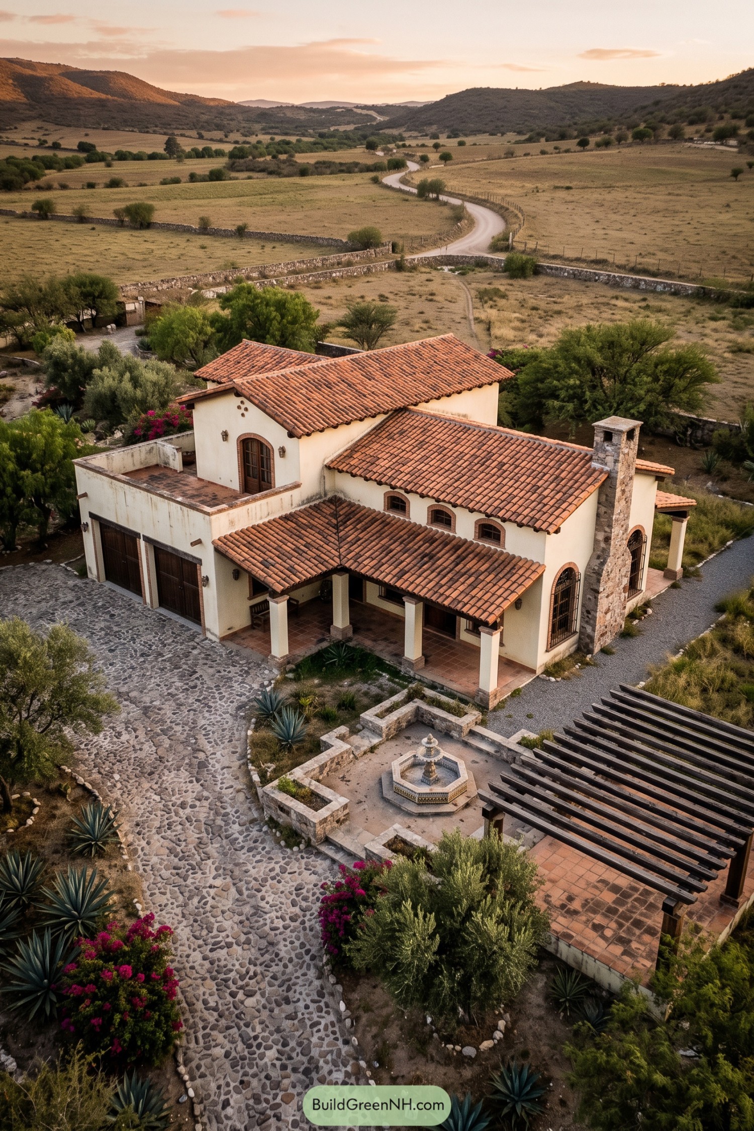Terracotta-roofed ranch house with fountain courtyard