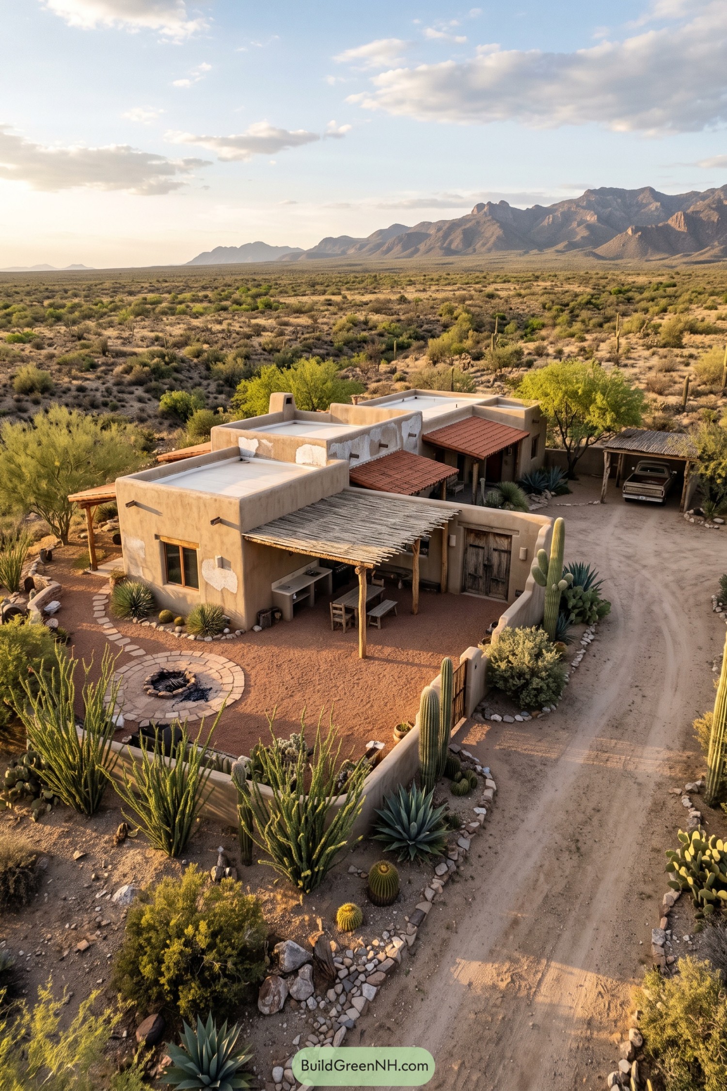 Adobe ranch home with cactus garden and mountain views