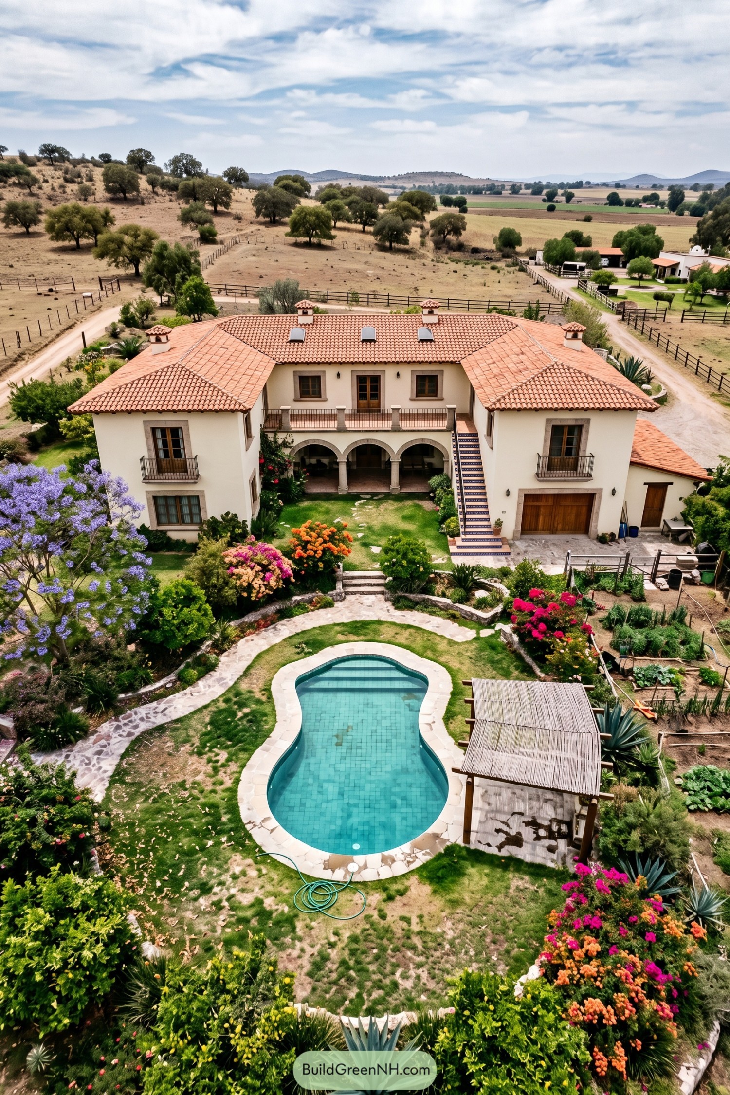 Two-story ranch house with tiled roof and garden pool