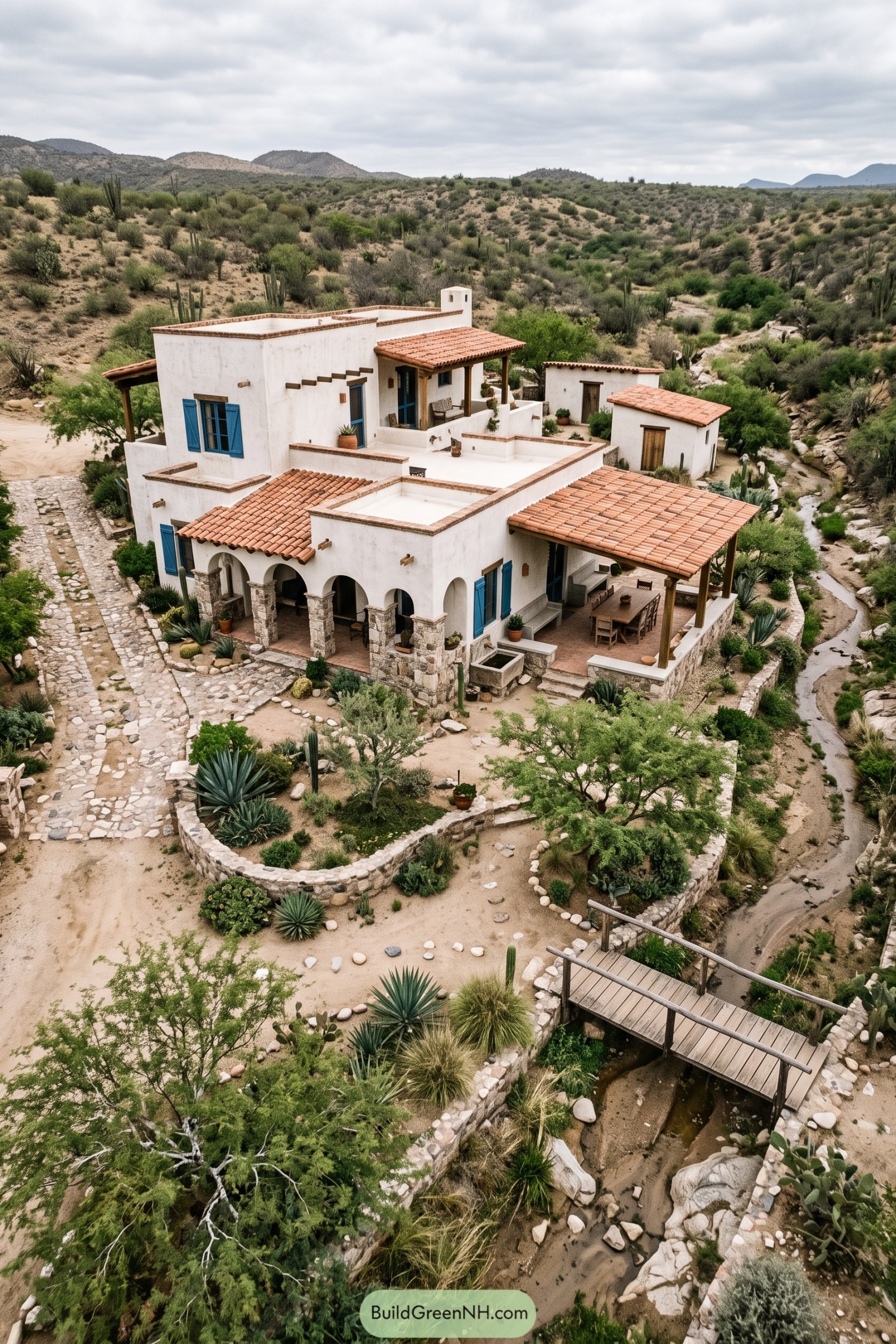 White stucco ranch villa with blue shutters beside an arroyo bridge