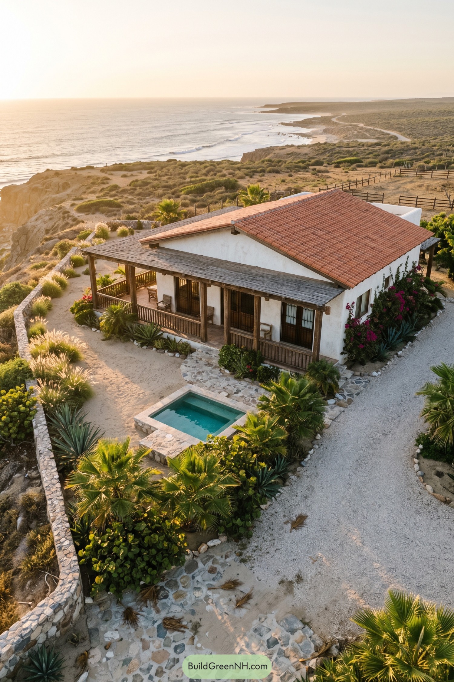 White stucco ranch house with tiled roof overlooking the coast