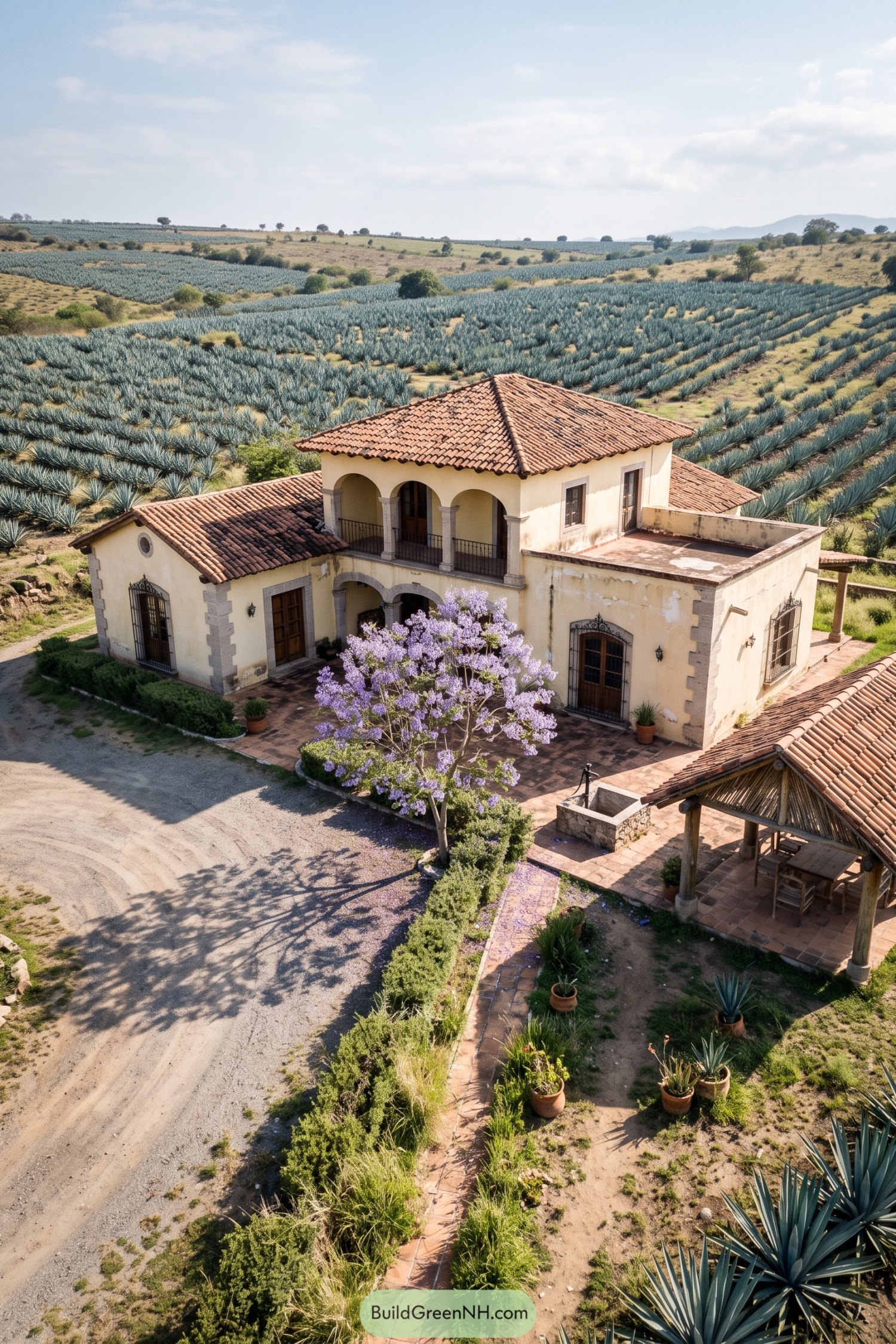 Two-story Mexican ranch house with tiled roofs beside agave fields