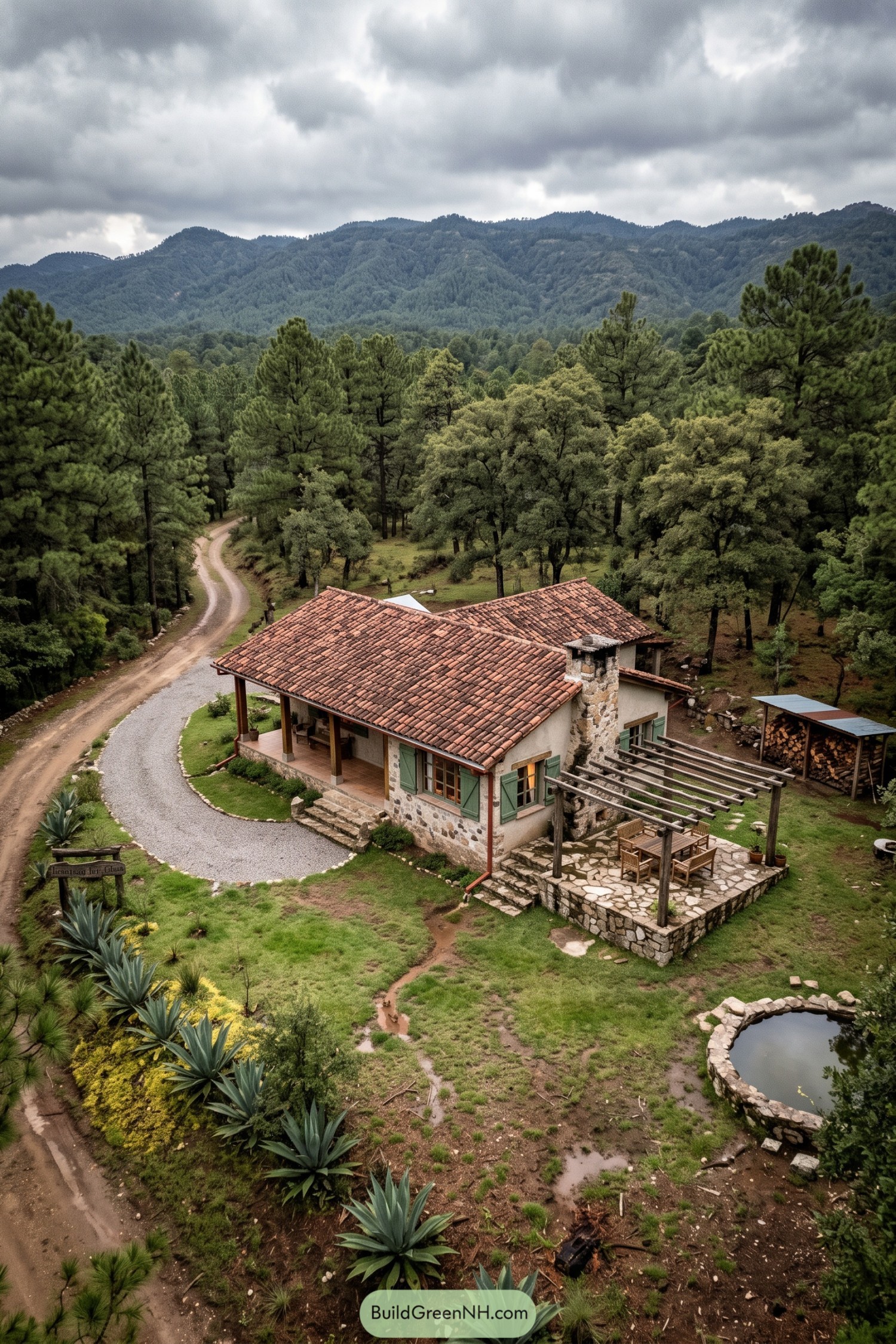 Rustic ranch cottage with tile roof and pergola