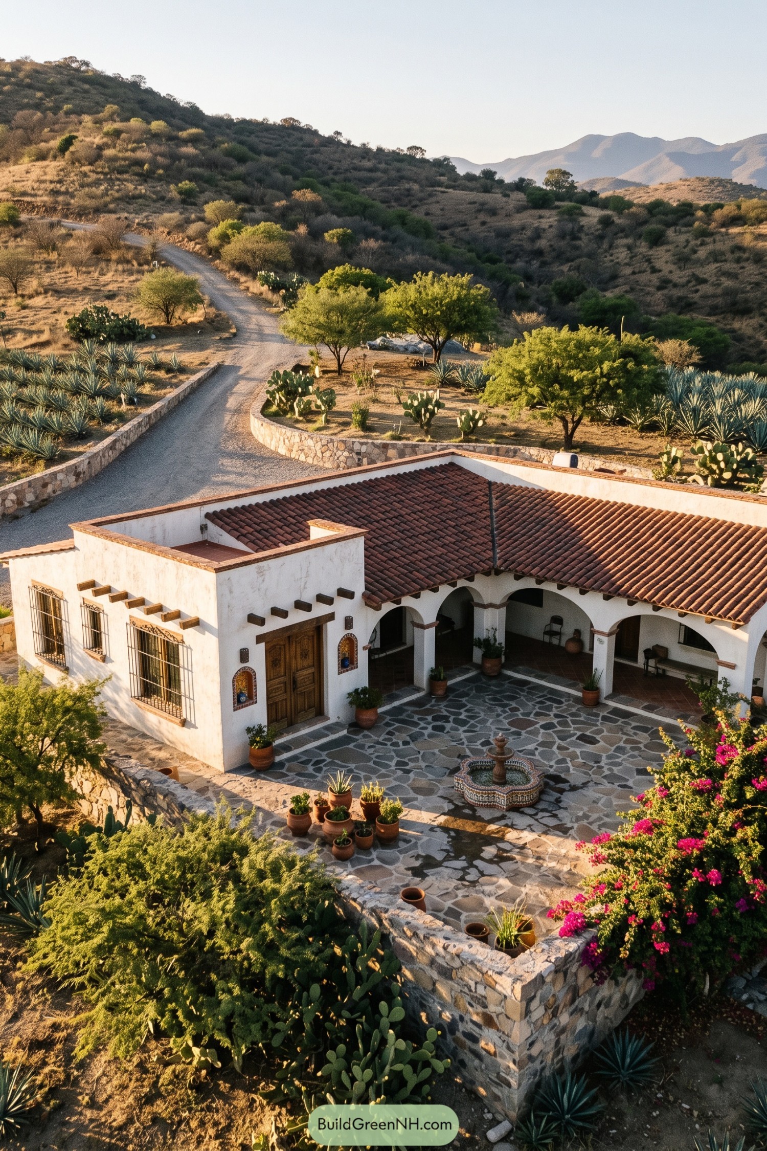 White stucco ranch house with tiled roof and arched courtyard