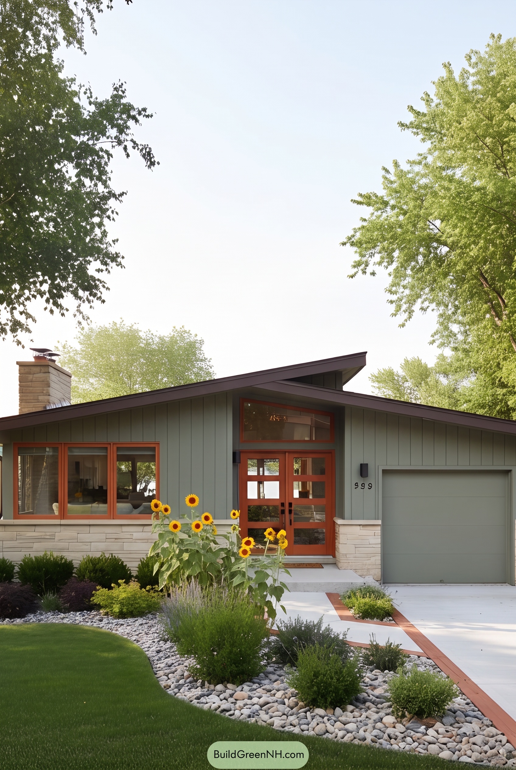 Mid-century Modern Green House Exterior Color Scheme: Mid-century Sunflowers and Stones