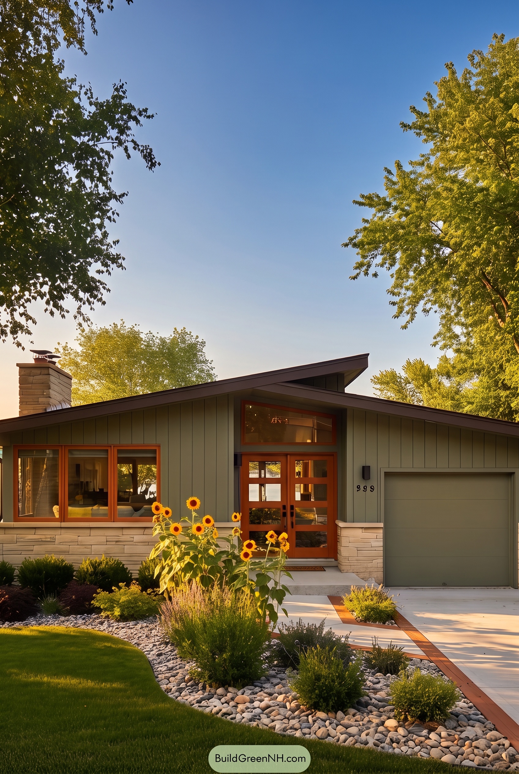 Mid-century Modern Green House Exterior Color Scheme: Mid-century Sunflowers and Stones - Golden Hour