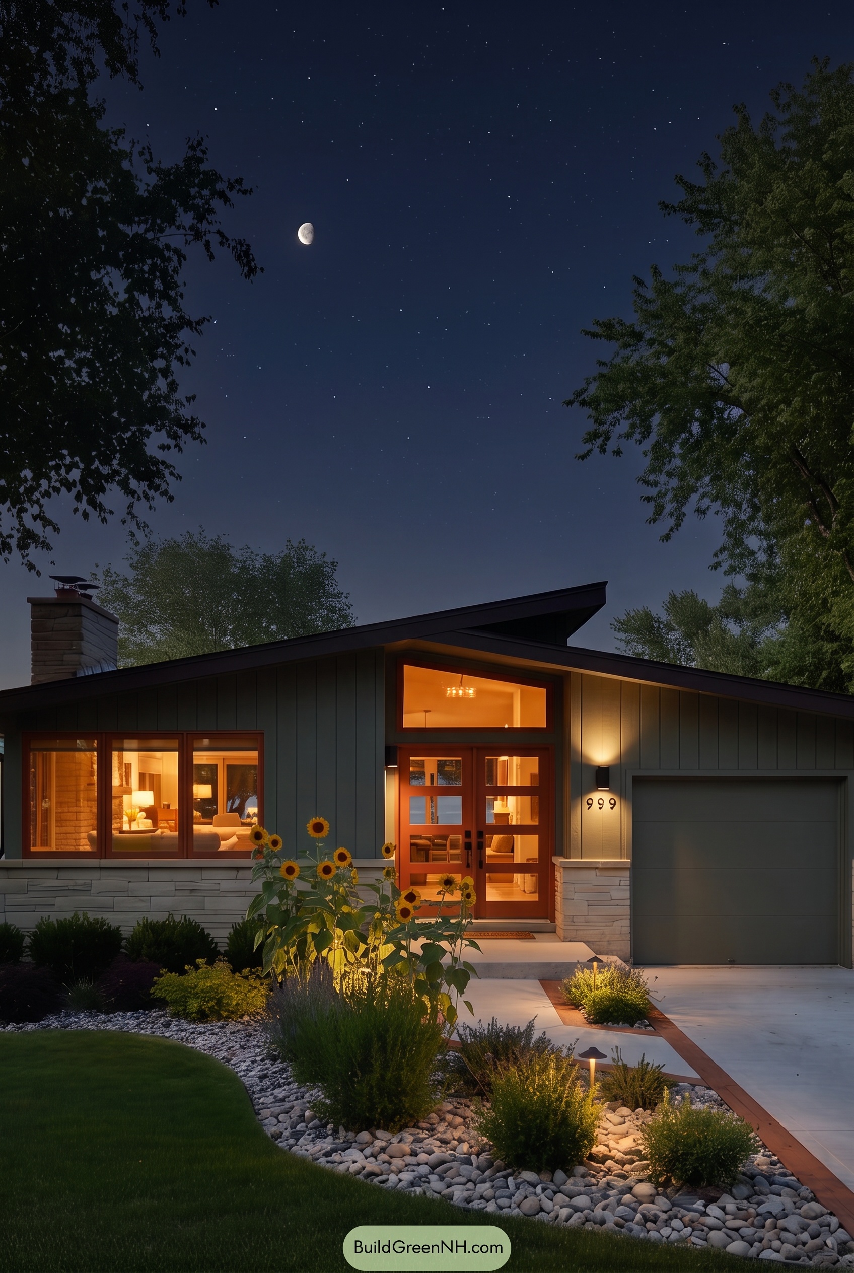 Mid-century Modern Green House Exterior Color Scheme: Mid-century Sunflowers and Stones - Nighttime
