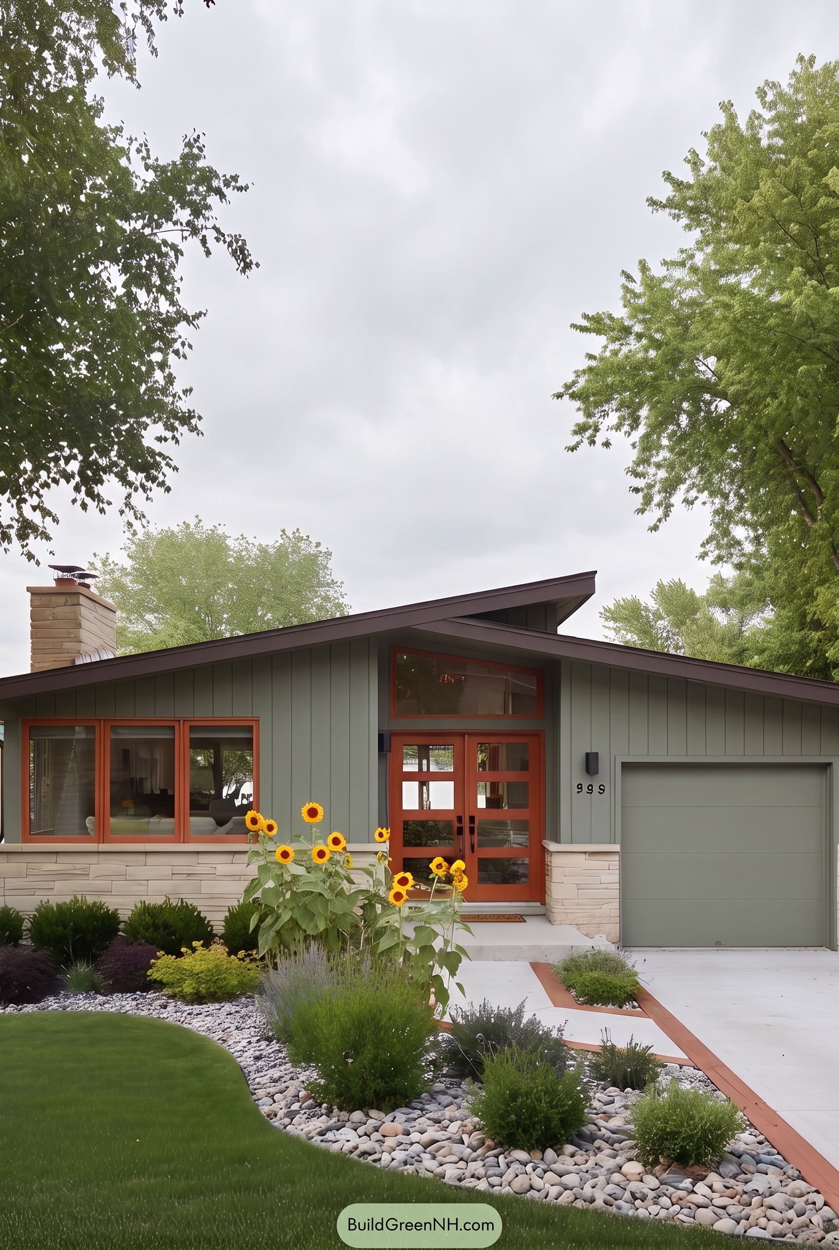 Mid-century Modern Green House Exterior Color Scheme: Mid-century Sunflowers and Stones - Overcast