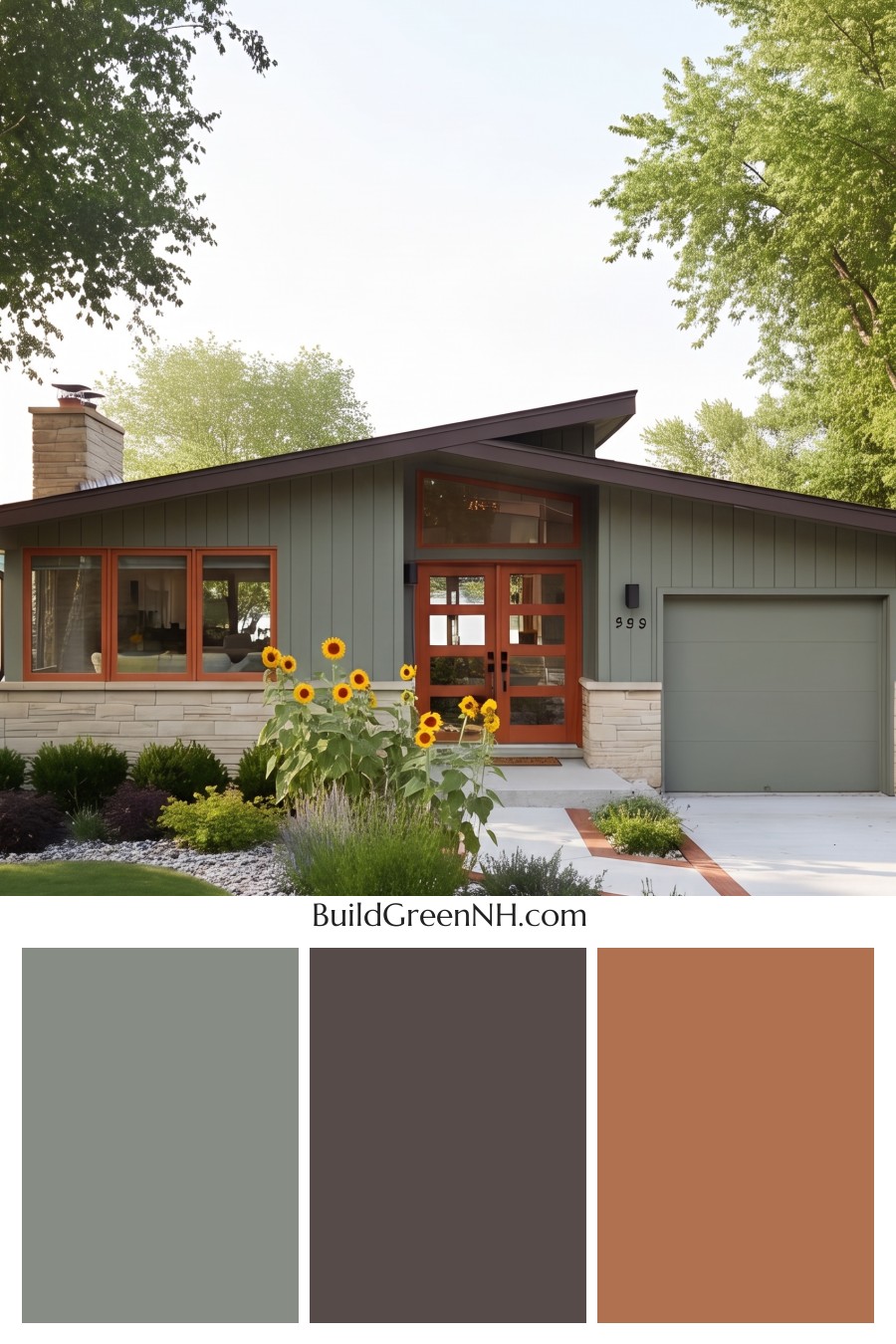 Mid-century Modern Green House Exterior Color Scheme: Mid-century Sunflowers and Stones