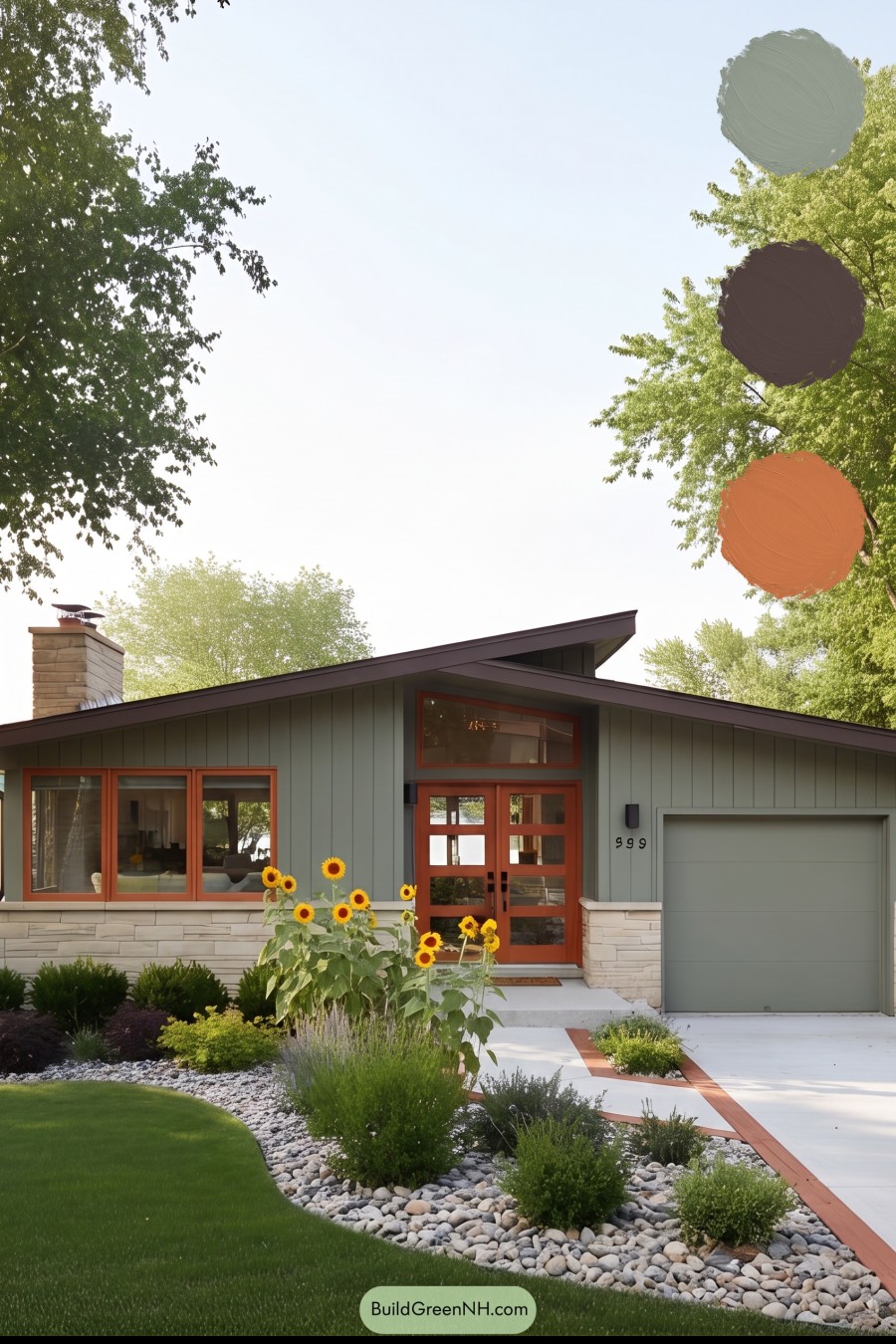 Mid-century Modern Green House Exterior Color Scheme: Mid-century Sunflowers and Stones
