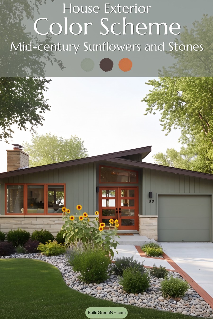 Mid-century Modern Green House Exterior Color Scheme: Mid-century Sunflowers and Stones