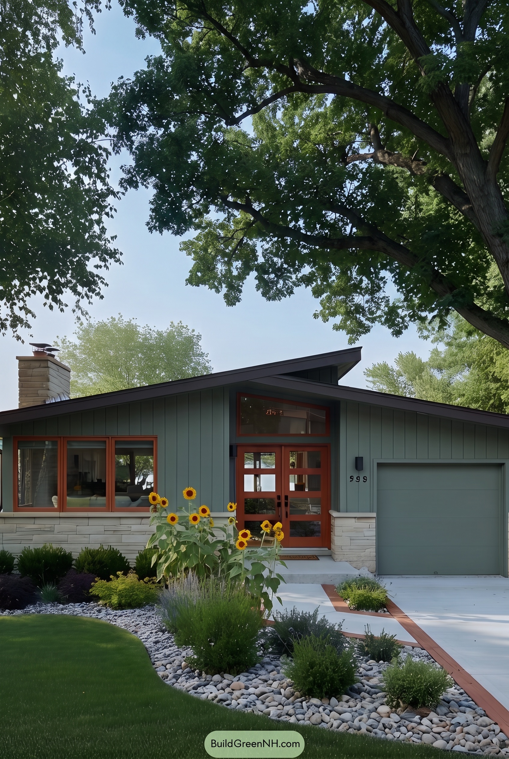 Mid-century Modern Green House Exterior Color Scheme: Mid-century Sunflowers and Stones - Shade