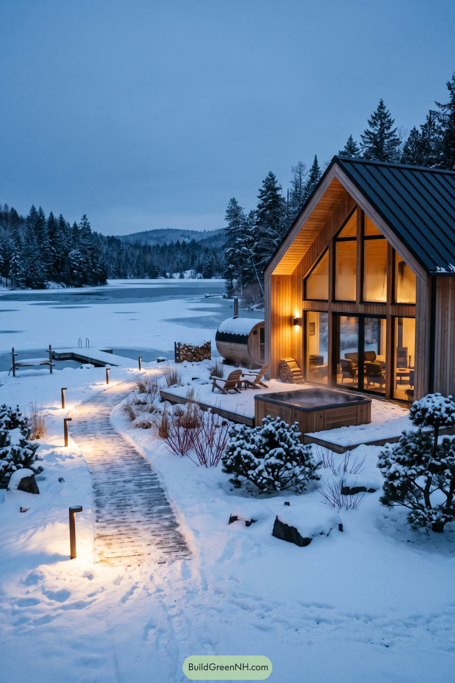 Snowy modern barn cabin beside a frozen forest lake
