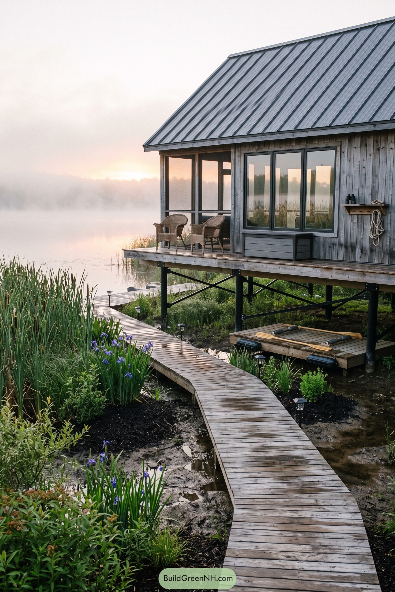 Barn cabin on stilts beside a misty lake with a winding boardwalk