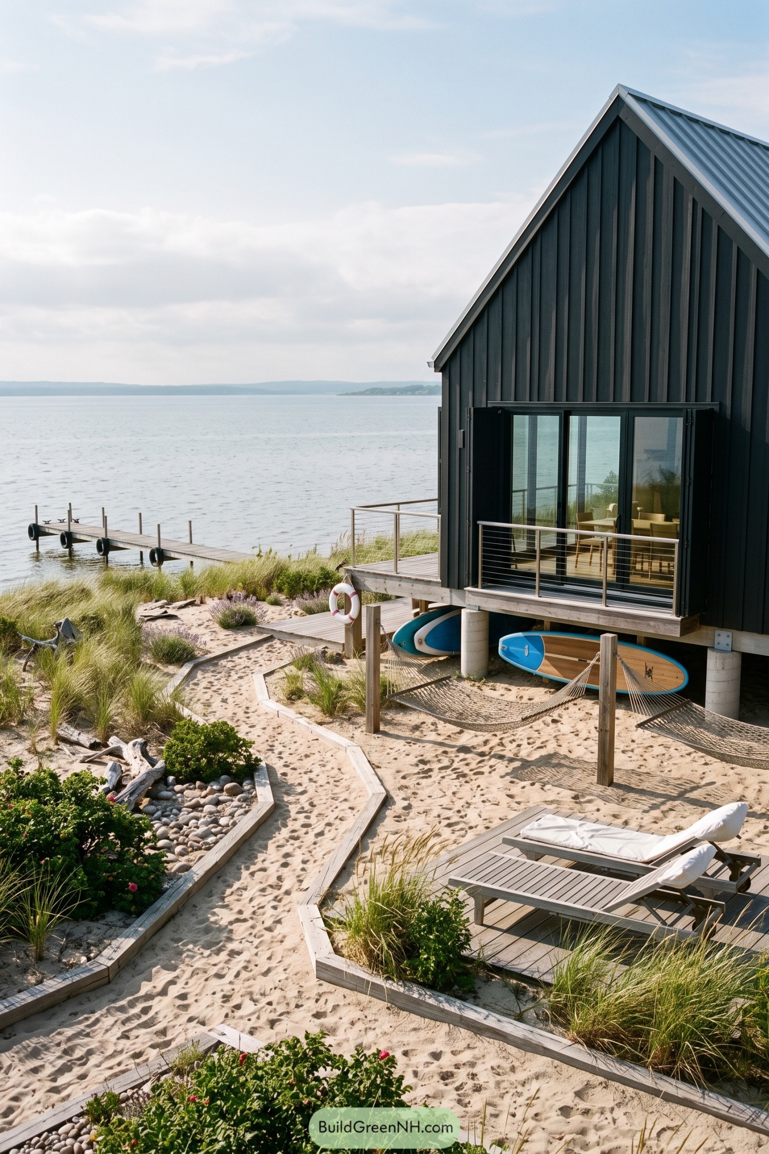 Black gabled lake cabin with deck hammocks and paddleboards