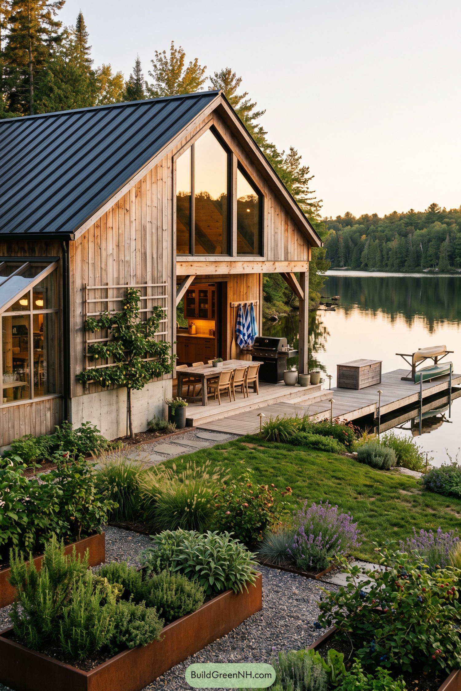 Timber barn cabin with lakeside deck and garden beds
