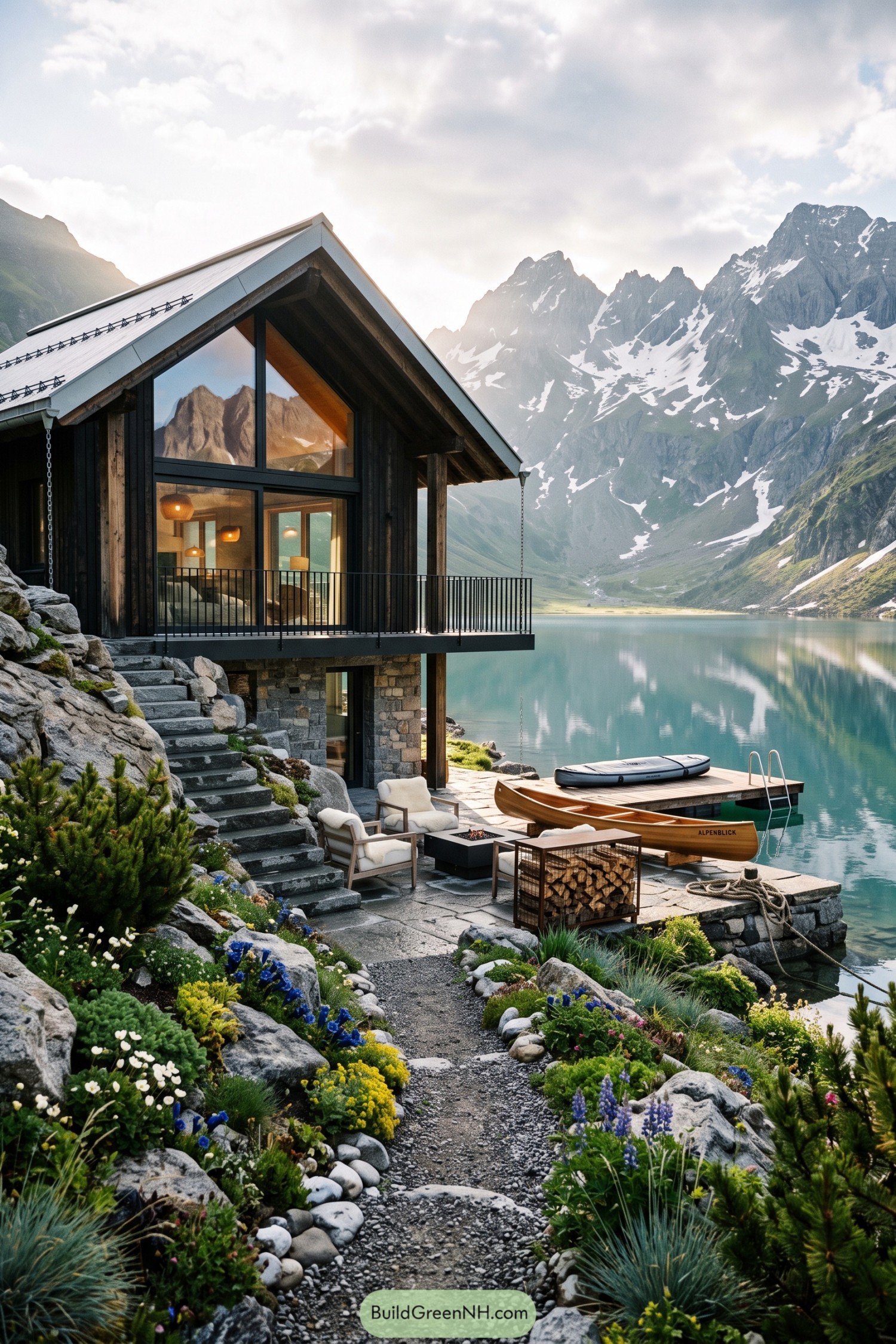 Modern barn cabin with a dock on a mountain lake