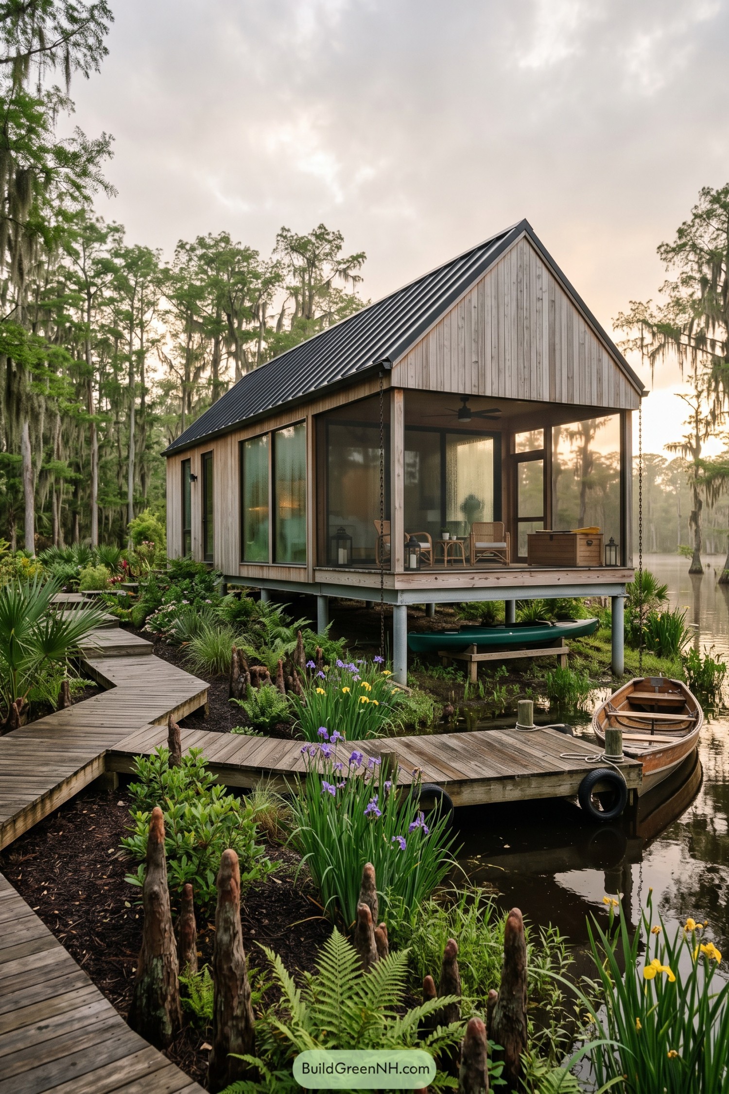 Stilted timber cabin with screened porch beside a marsh dock