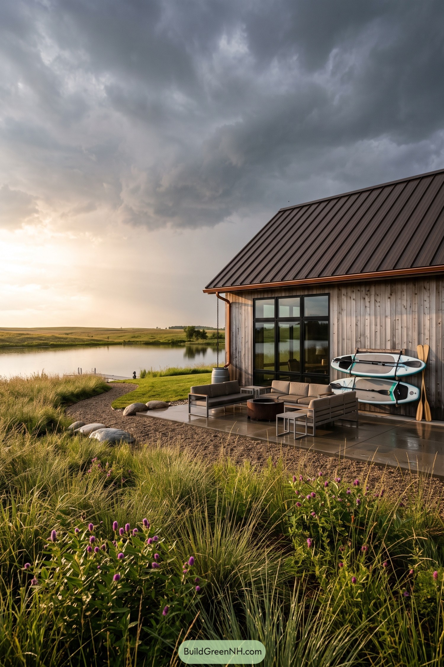 Modern barn cabin with a covered patio beside a quiet lake