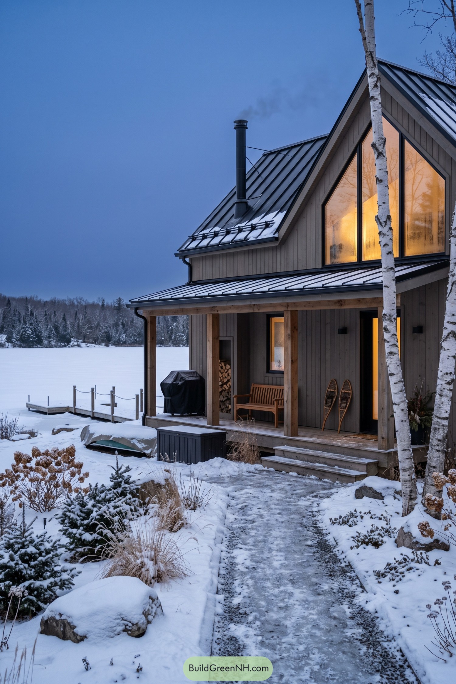Snowy modern barn cabin beside a frozen lake