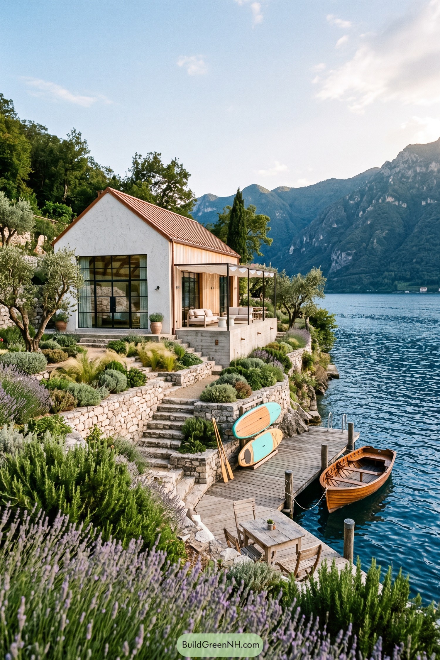 Modern gabled lake cabin with terraced garden and private dock