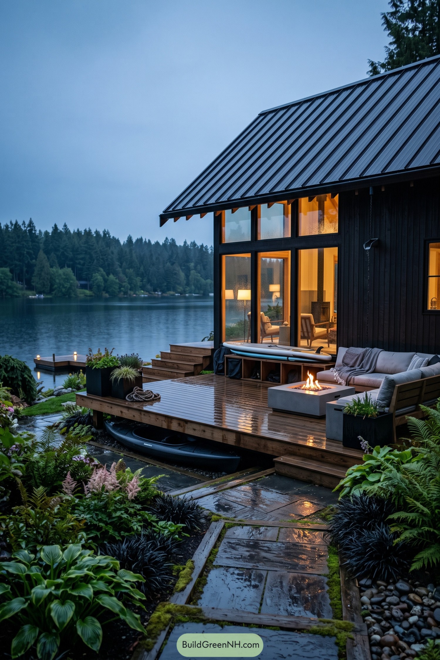 Black modern barn cabin with a glowing deck beside a rainy lake