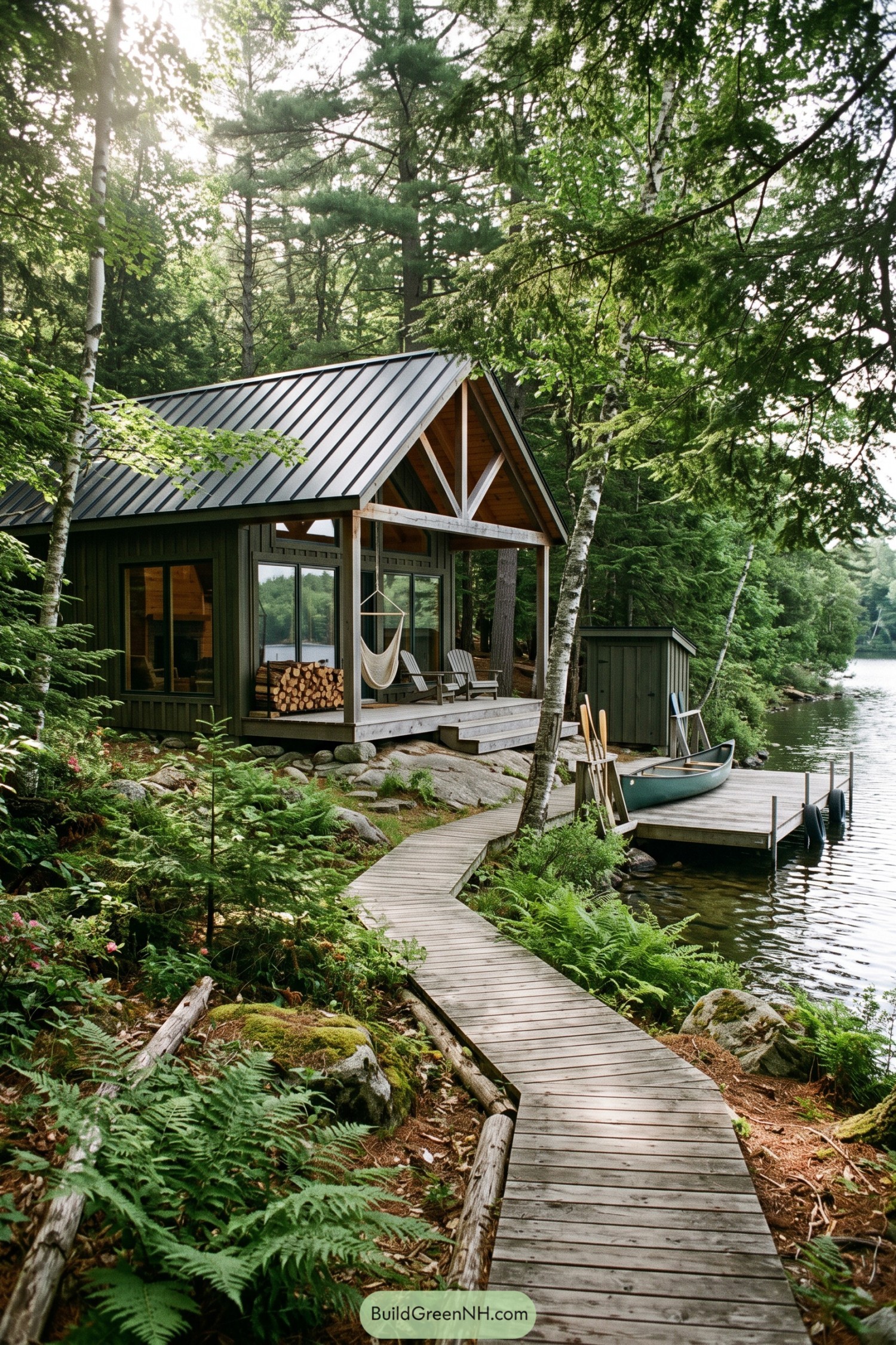 Dark green barn cabin with porch and canoe dock beside a wooded lake