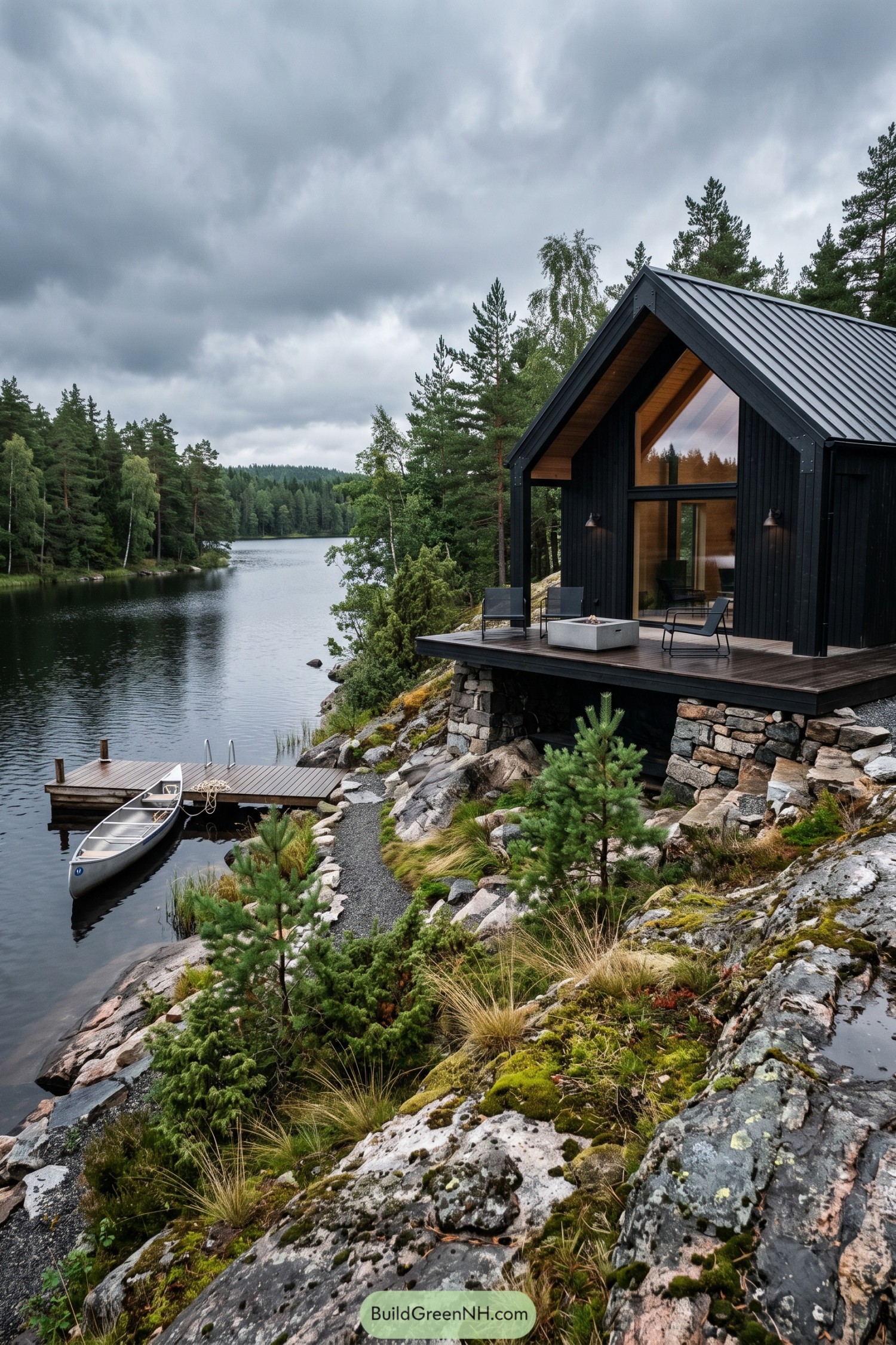 Black gabled cabin with a lakeside deck and canoe dock