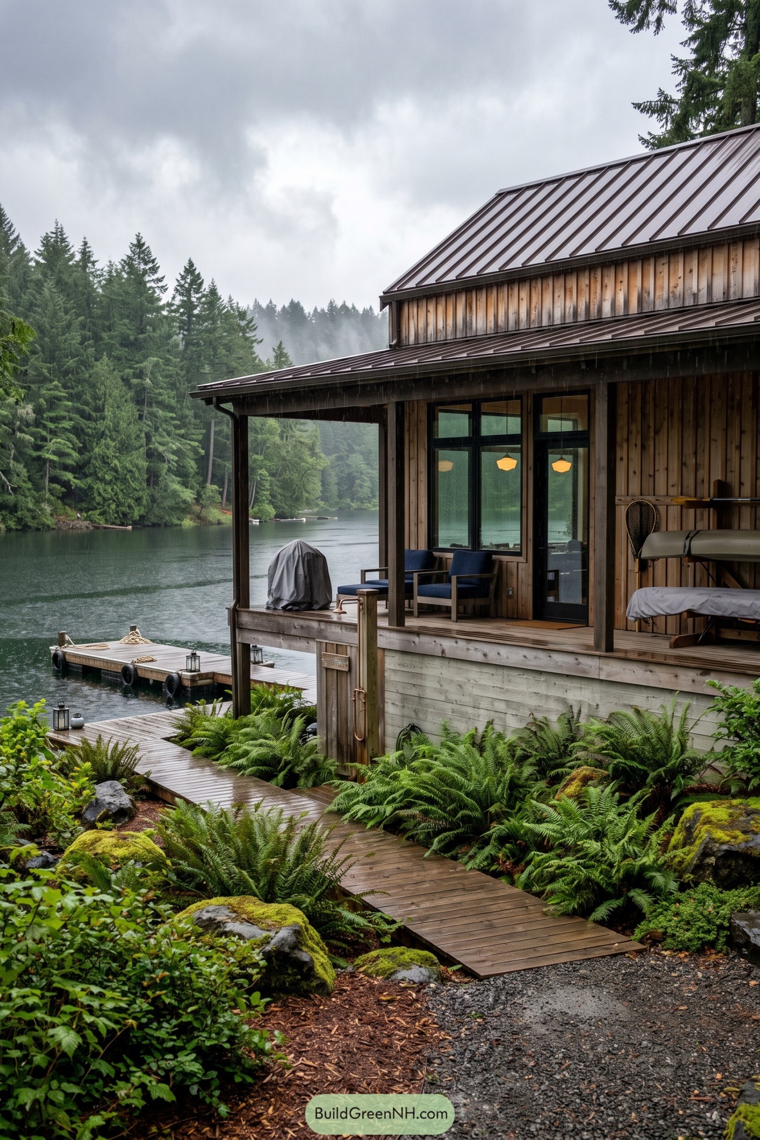 Wood-clad lake cabin with covered porch and dock