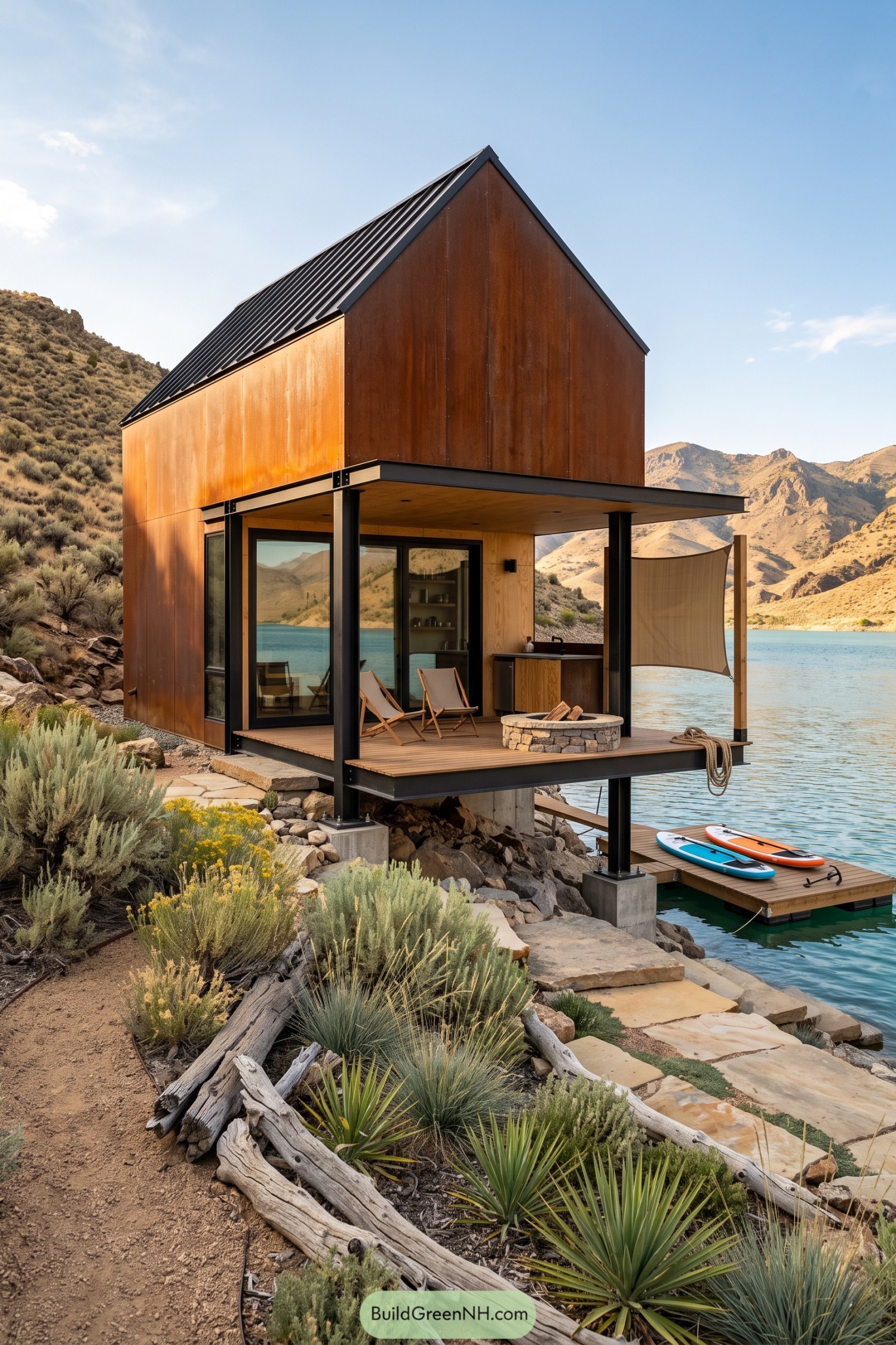 Copper clad gable cabin above a mountain lake