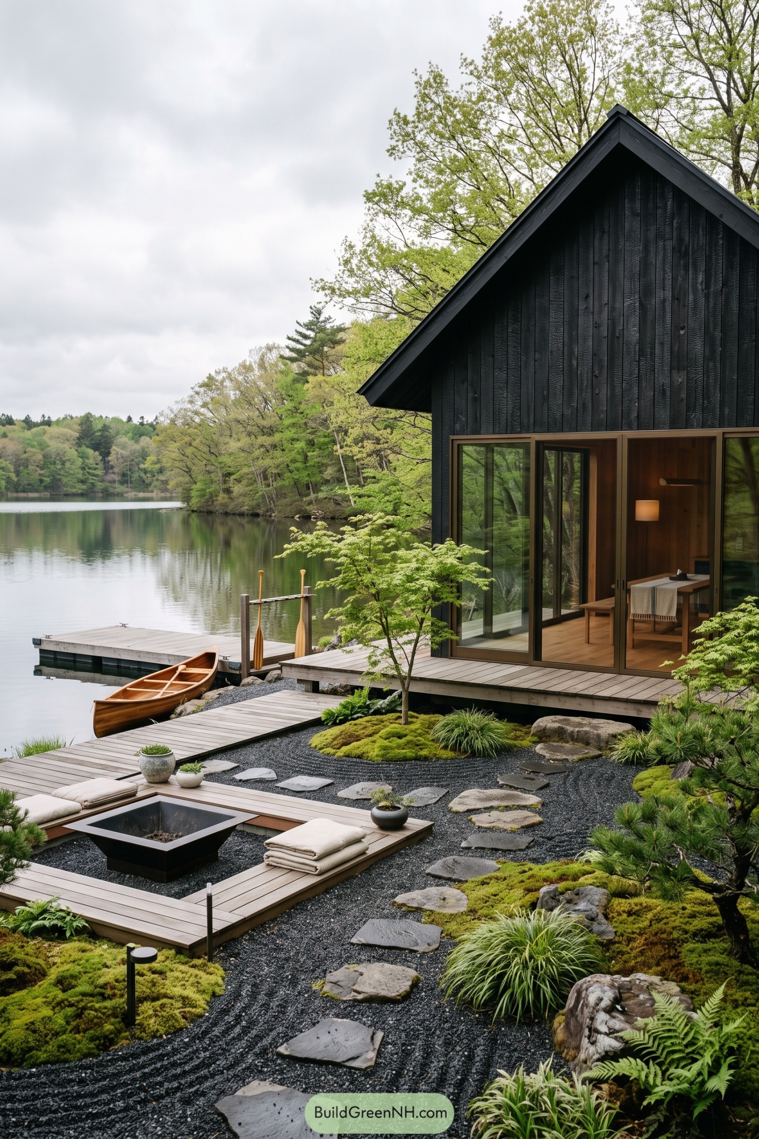 Black gabled cabin with glass doors beside a wooded lake and canoe dock