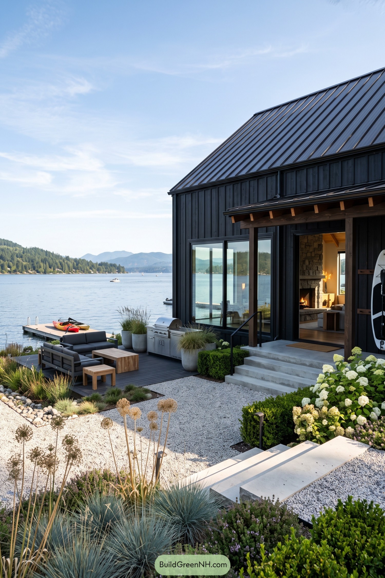 Black barn cabin with a lakeside deck and private dock